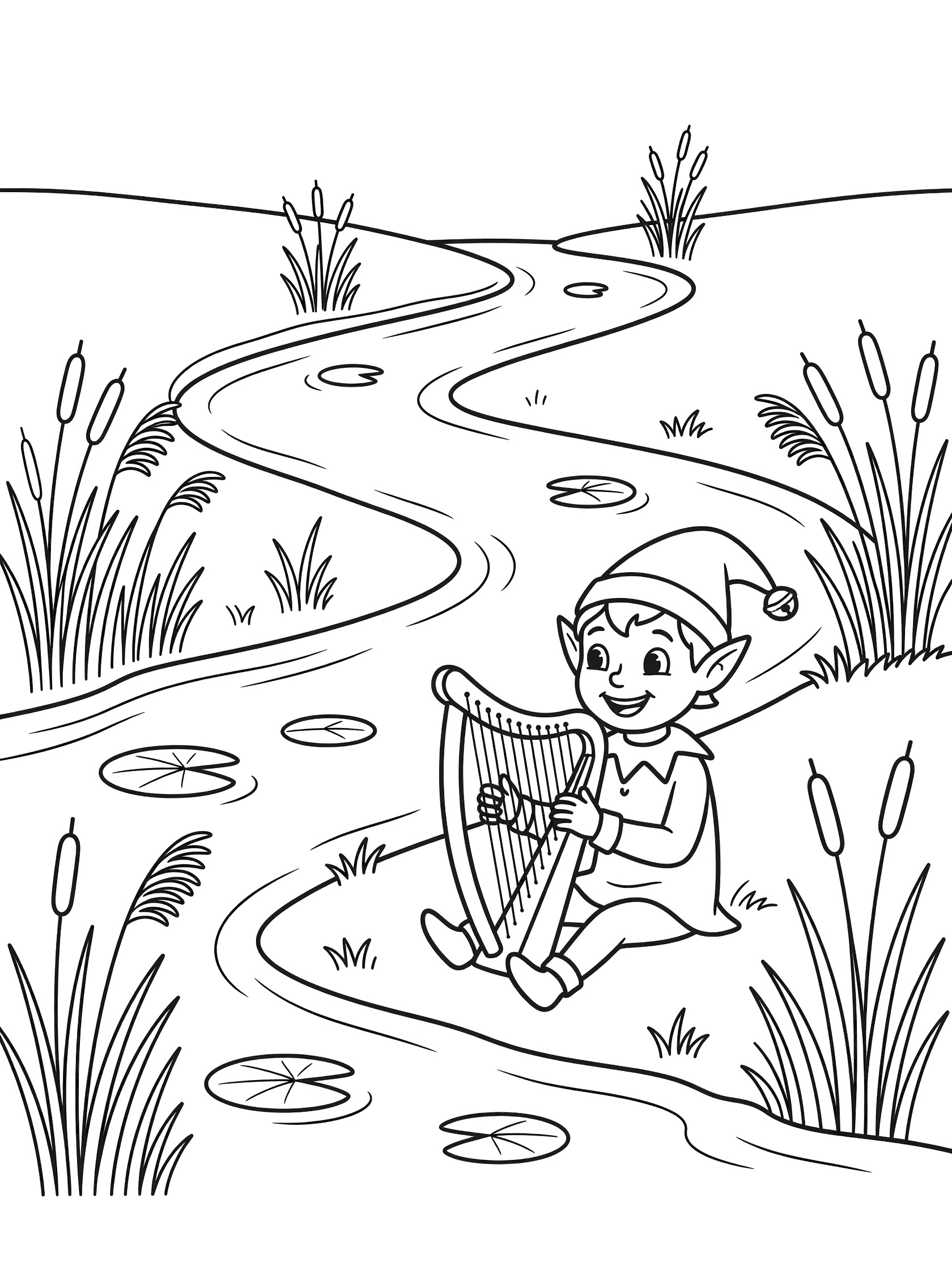 Black and white coloring page of cheerful elf with pointy hat playing harp next to winding stream with lily pads and reeds. Tolkien Elves themed black and white printable line art