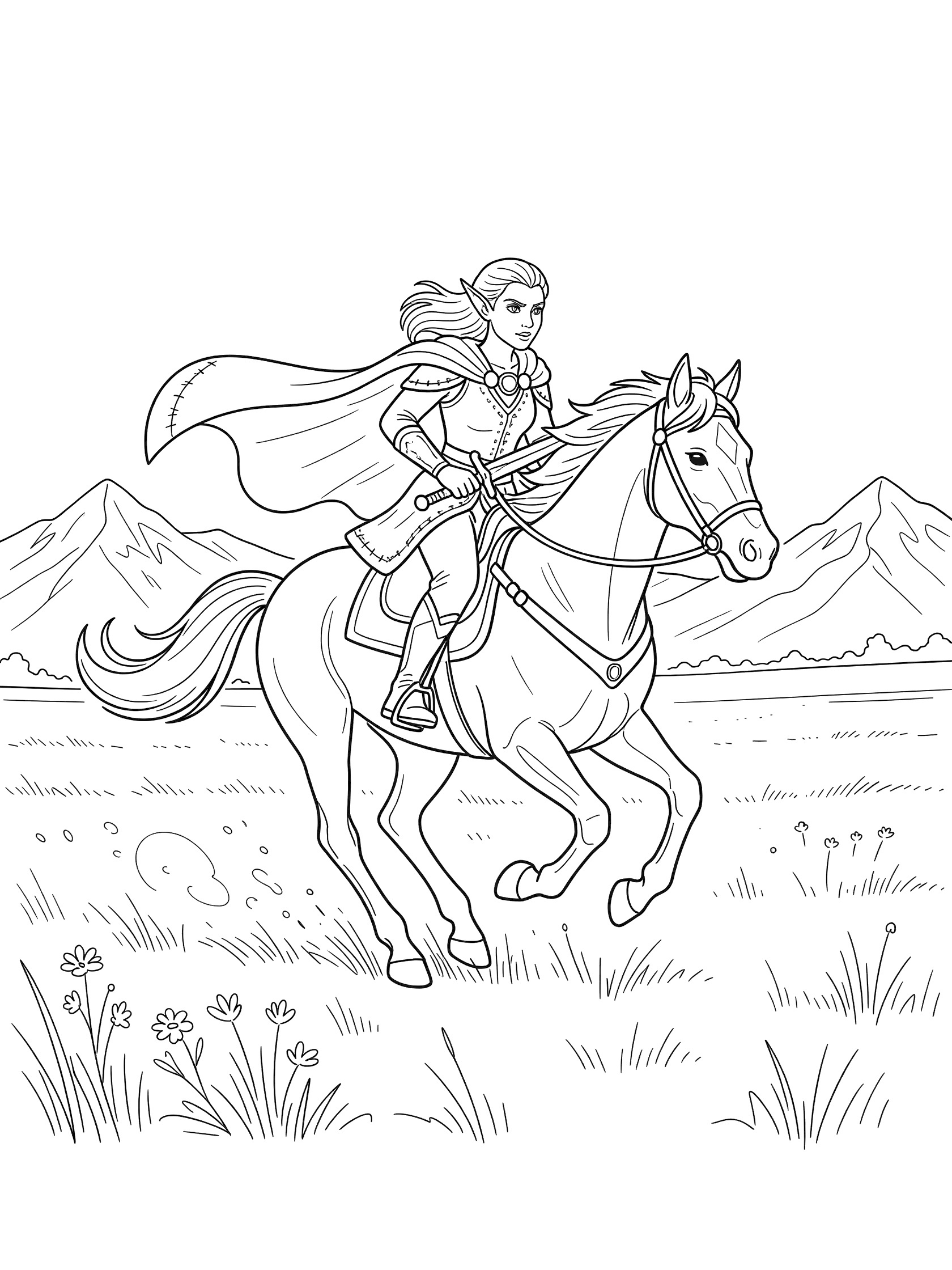 Black and white line art of an elf with pointed ears and flowing cape riding a galloping horse in an open field with distant mountains and grass. Warrior Elves themed black and white printable line art