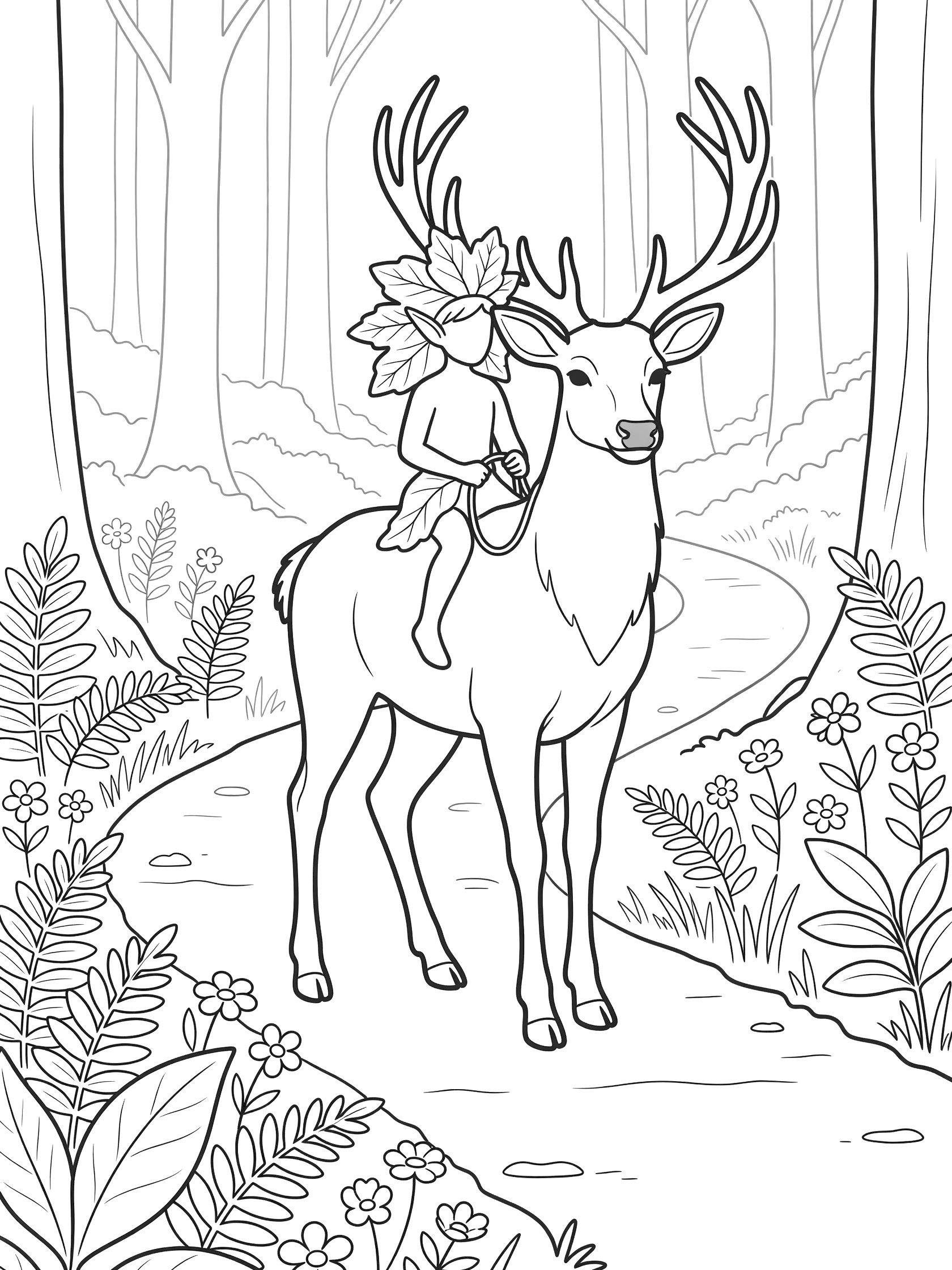 Black and white line drawing of a small elf wearing a leaf hat riding a large antlered deer along a winding forest path lined with ferns and wildflowers. Wood Elves themed black and white printable line art