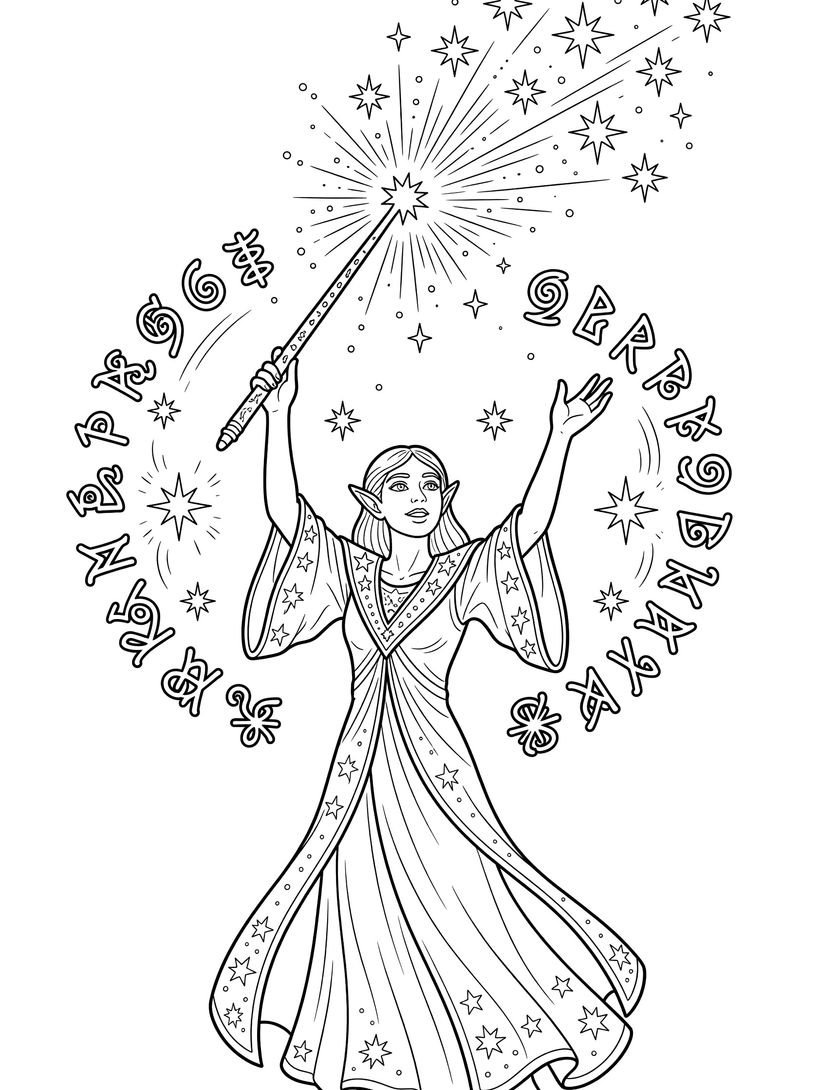 Black and white line art coloring page showing a female elf in a flowing dress, arms raised holding a long wand that sparks stars from the tip, surrounded by floating magical symbols. Astral Elves themed black and white printable line art
