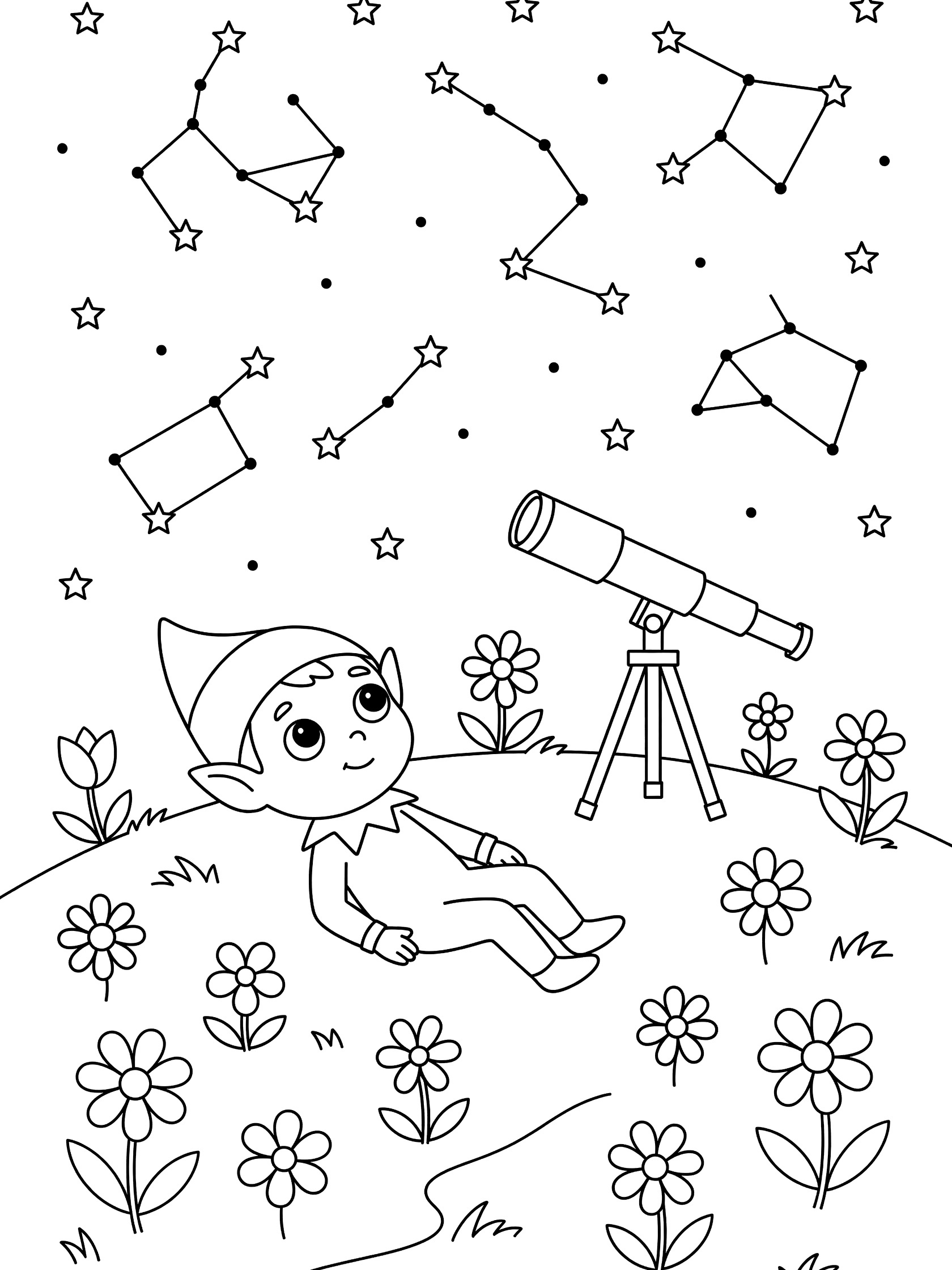 Black and white line art coloring page showing a cute elf with pointy hat lying on grass, gazing at starry sky with constellations, telescope nearby, and wildflowers. Tolkien Elves themed black and white printable line art