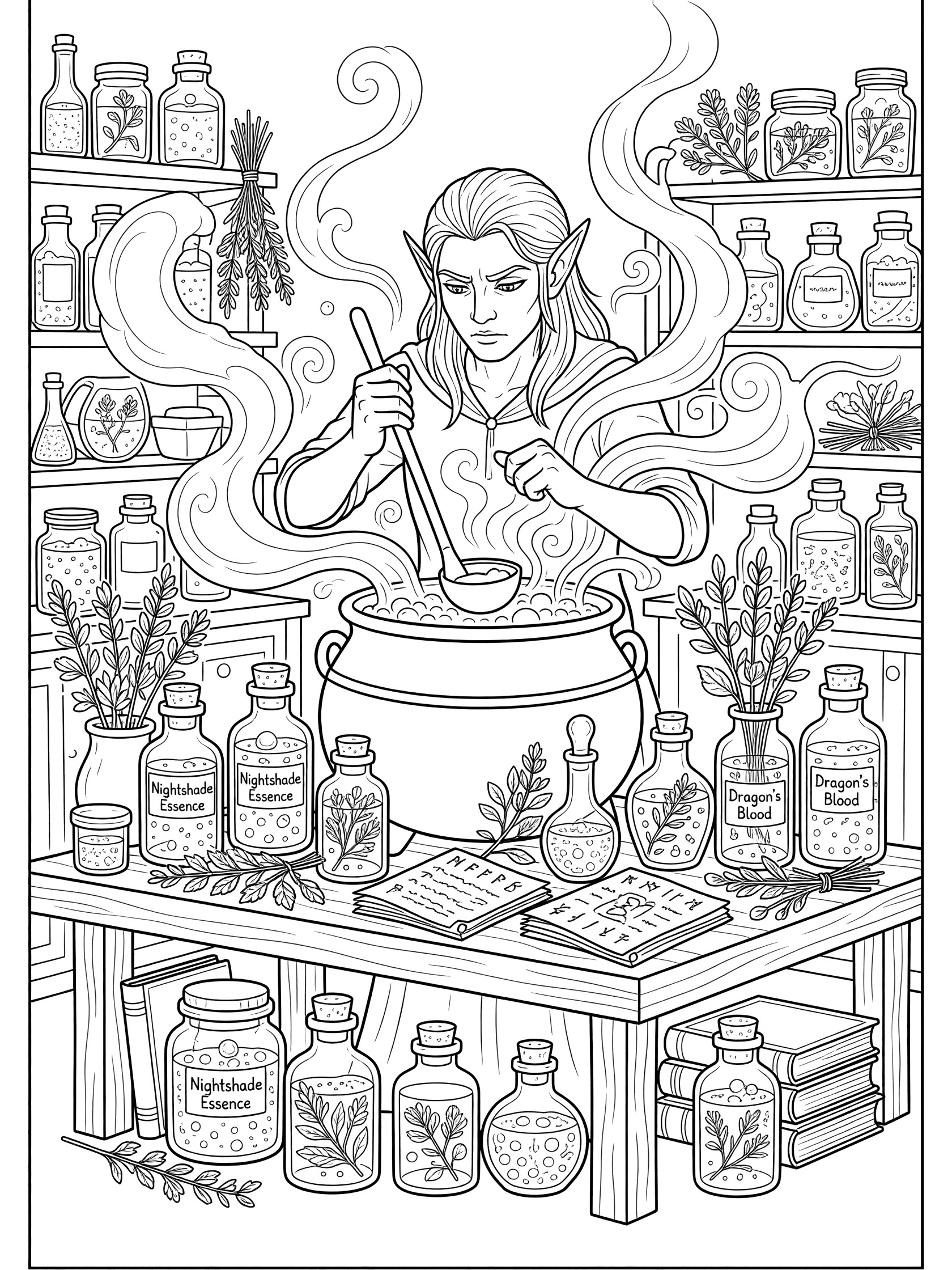 Black and white line art of a pointy-eared elf stirring a pot on a table with shelves of jars, herbs, vapors, and open books in a workshop. Dark Elves themed black and white printable line art