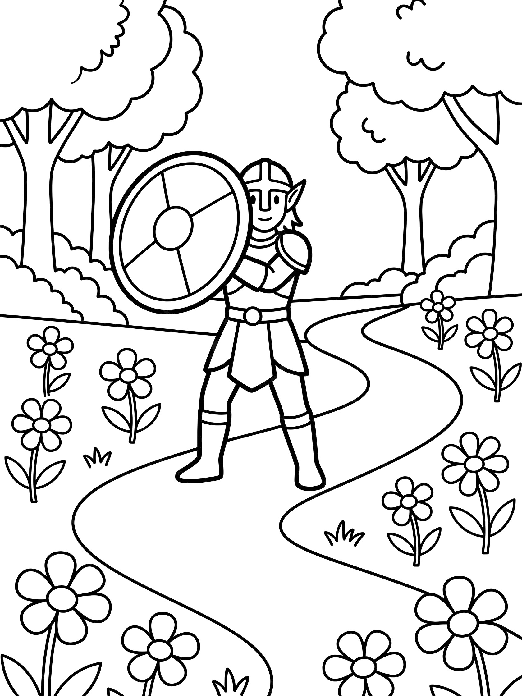 Black and white coloring page of an elf knight in armor holding up a large round shield on a path through a forest with trees, flowers, and grass. Warrior Elves themed black and white printable line art