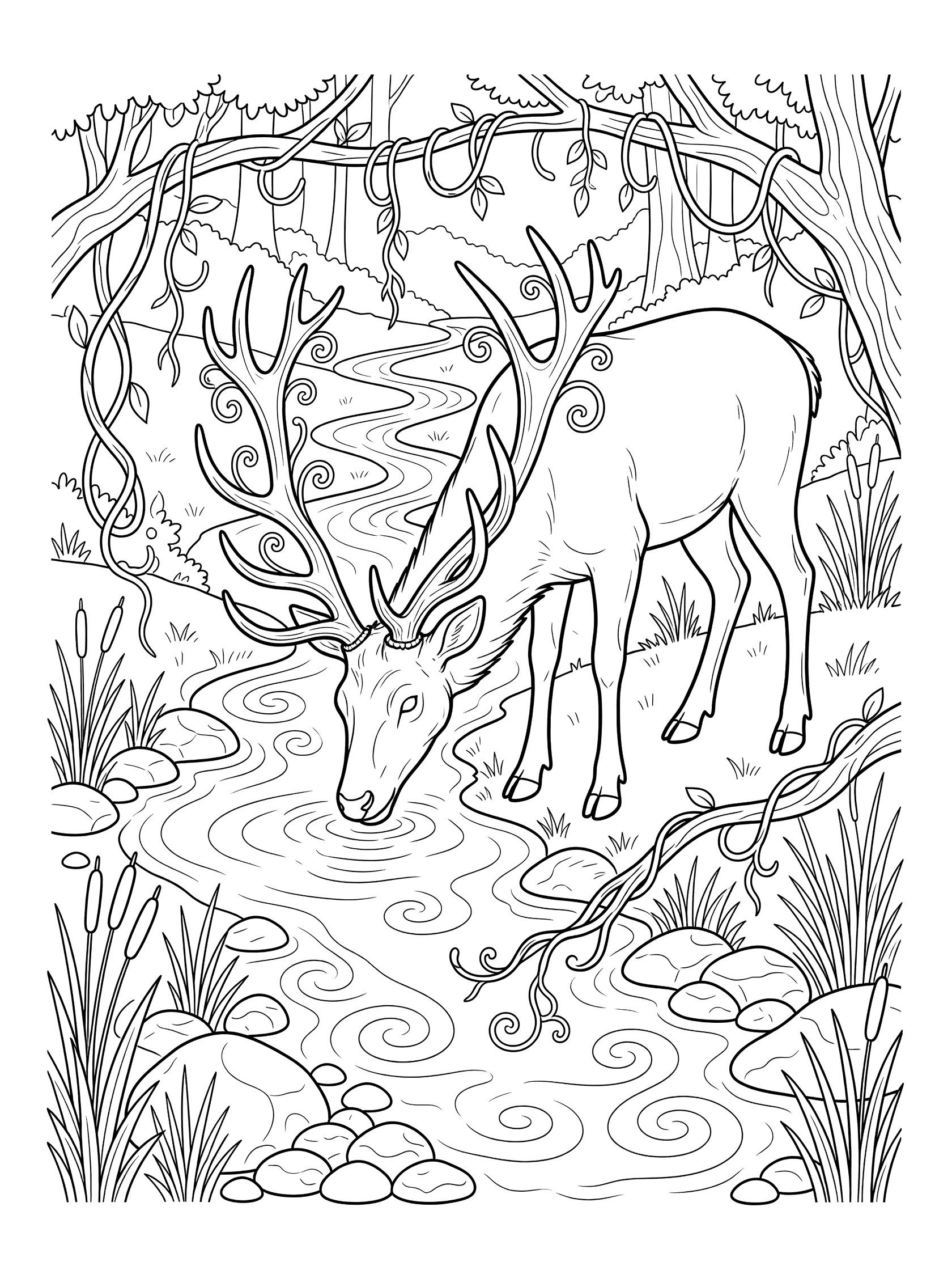 Black and white line art coloring page showing an elk drinking at a forest stream with reeds, pebbles, vines, and whimsical water swirls.