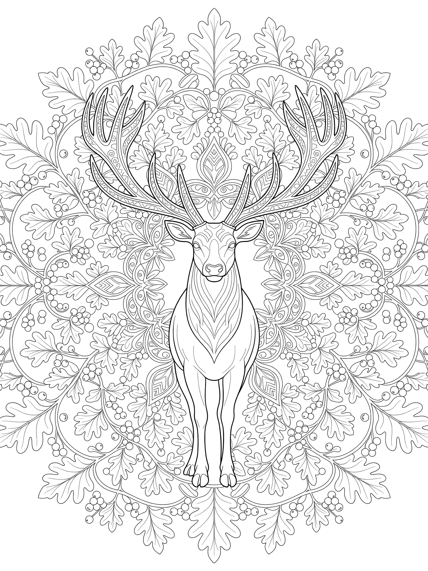 Detailed black and white line art of a symmetrical elk in a mandala with antlers filled with patterns, surrounded by oak leaves, berries, and vines on a pure white background.