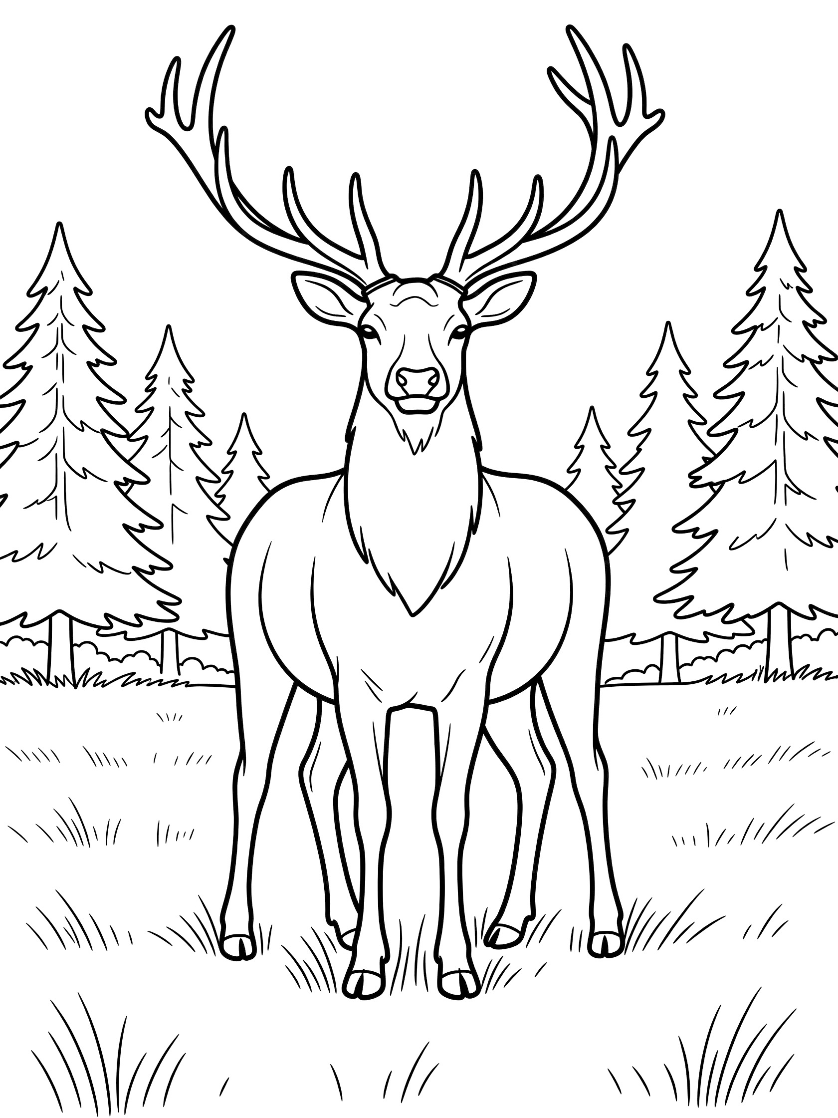 Black and white line art coloring page showing an elk with large branching antlers standing proudly in a sunny forest meadow surrounded by simple pine trees and grass.