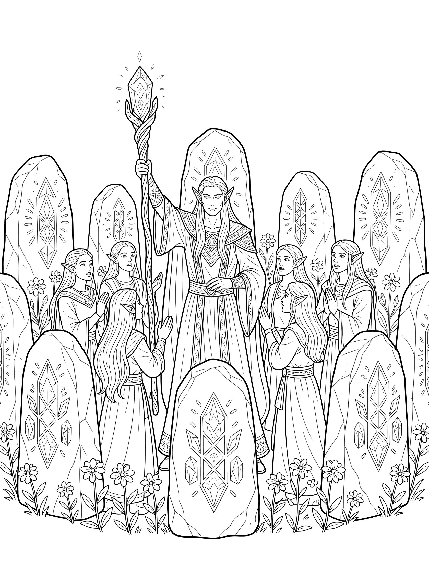 Black and white coloring page showing a central elf woman in flowing robes raising a staff topped with a crystal, surrounded by five elf maidens in robes, inside a circle of tall ornate standing stones with geometric patterns and blooming flowers at the base. High Elves themed black and white printable line art