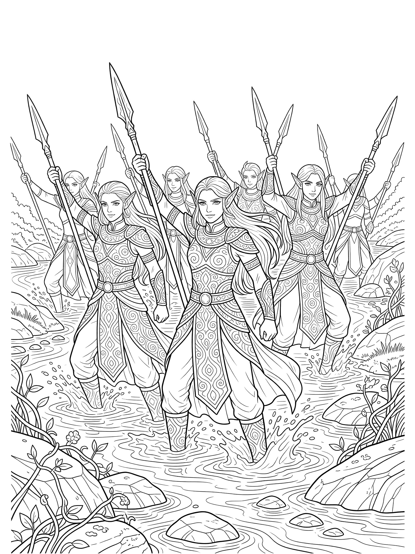 Black and white coloring page of five elven warriors in armor crossing a shallow stream, holding long spears, surrounded by rocks and vines. Warrior Elves themed black and white printable line art