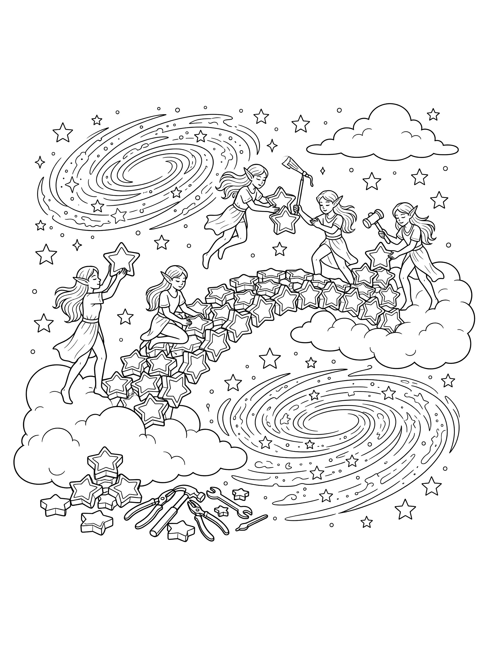 Black and white line art coloring page showing elves building a bridge made of stars connecting two clouds across a starry galaxy with tools and extra stars. Astral Elves themed black and white printable line art