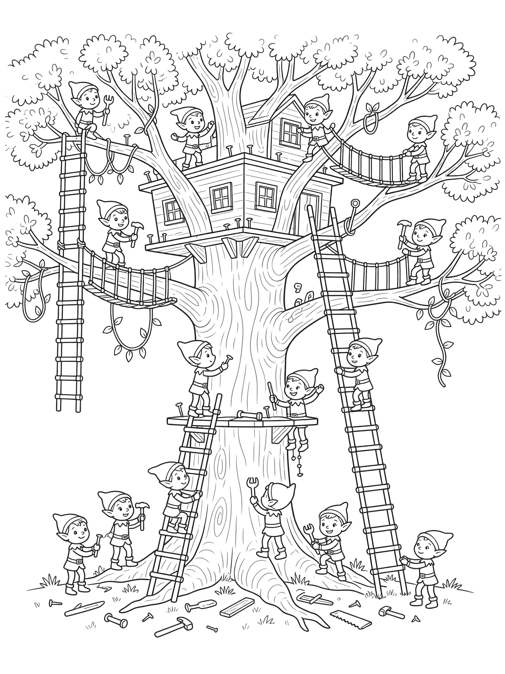 Cute cartoon elves climbing ladders and hammering to build a treehouse high in a large oak tree with rope bridges and windows.