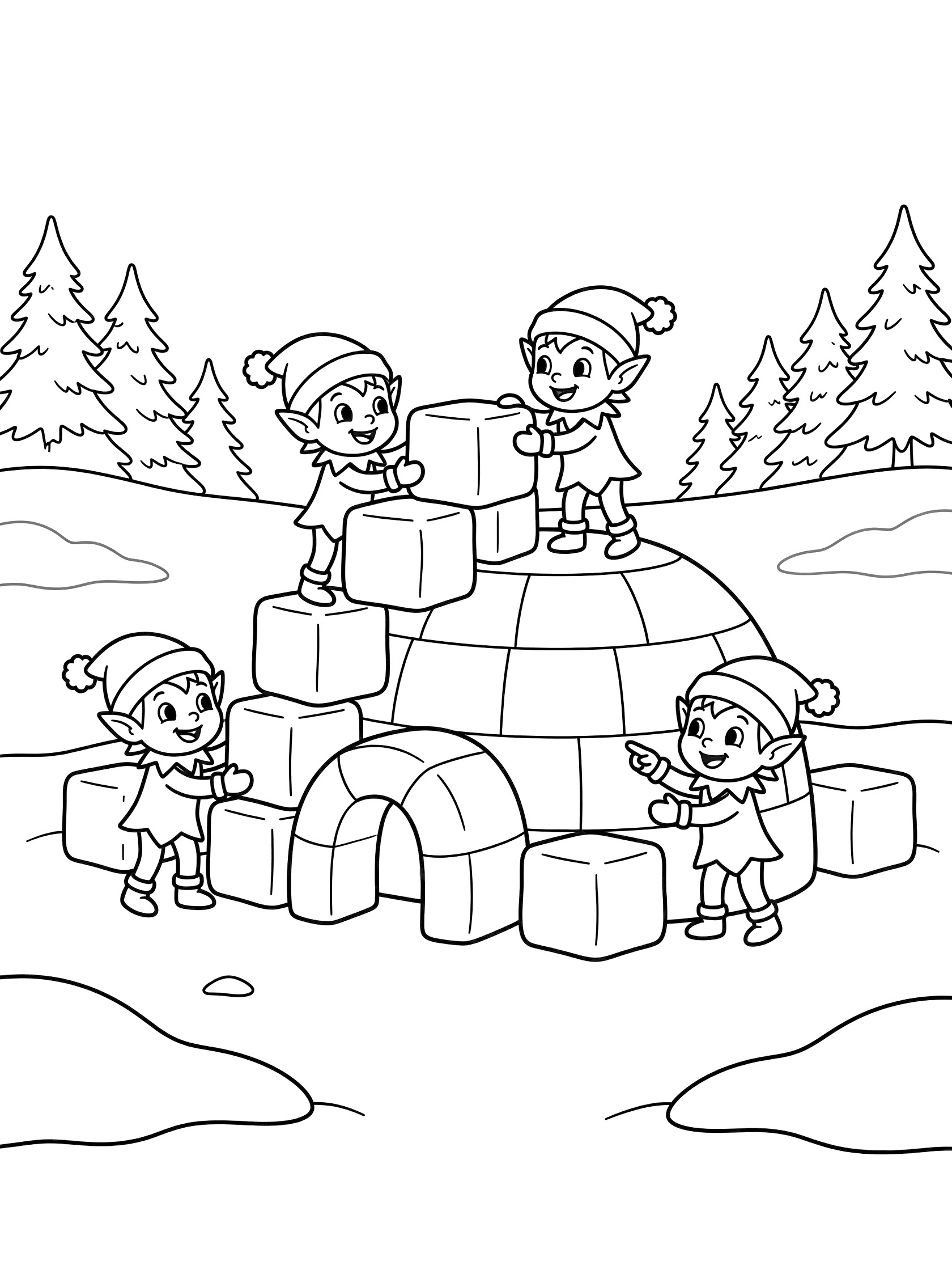 Black and white line art coloring page showing elves building an igloo with snow blocks in a snowy scene with pine trees. Snow Elves themed black and white printable line art