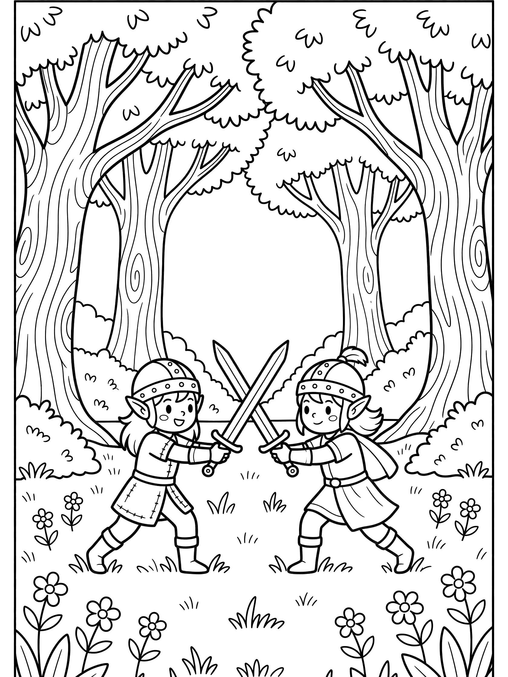 Black and white coloring page of two warrior elves in tunics and helmets crossing swords in a forest meadow with trees and grass.