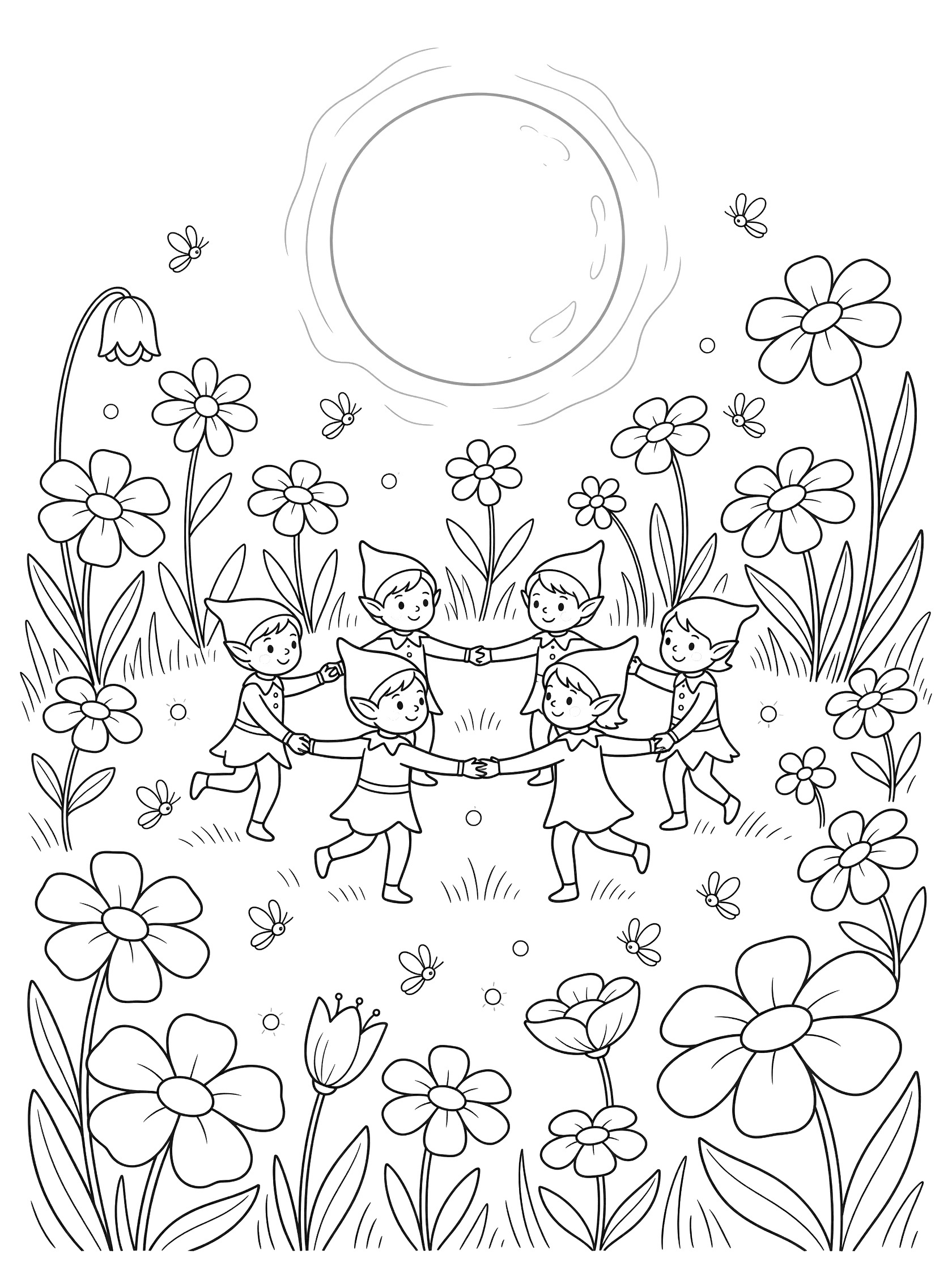 Black and white line art coloring page showing six elves dancing in a circle holding hands in a garden full of flowers under a big full moon with fireflies flying around.