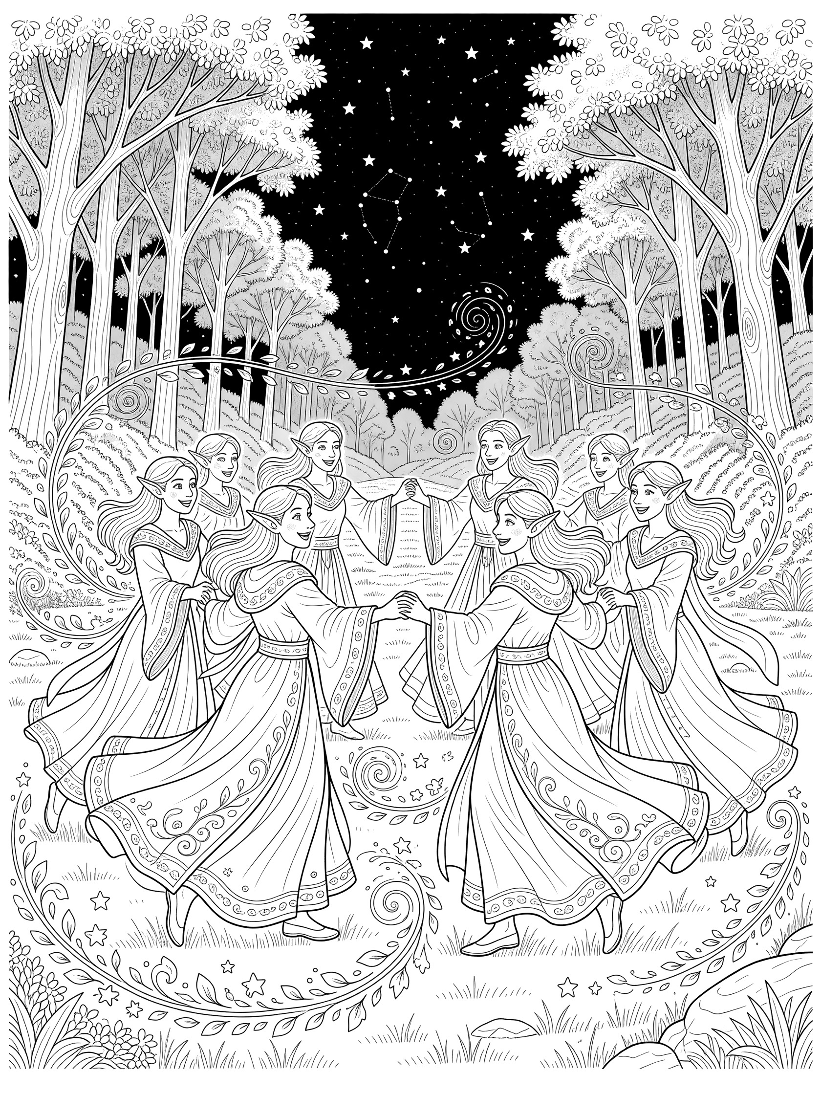 Black and white coloring page of eight elves with pointed ears holding hands and dancing in a circle in a forest glade under a starry night sky with trees and swirling leaf patterns. High Elves themed black and white printable line art