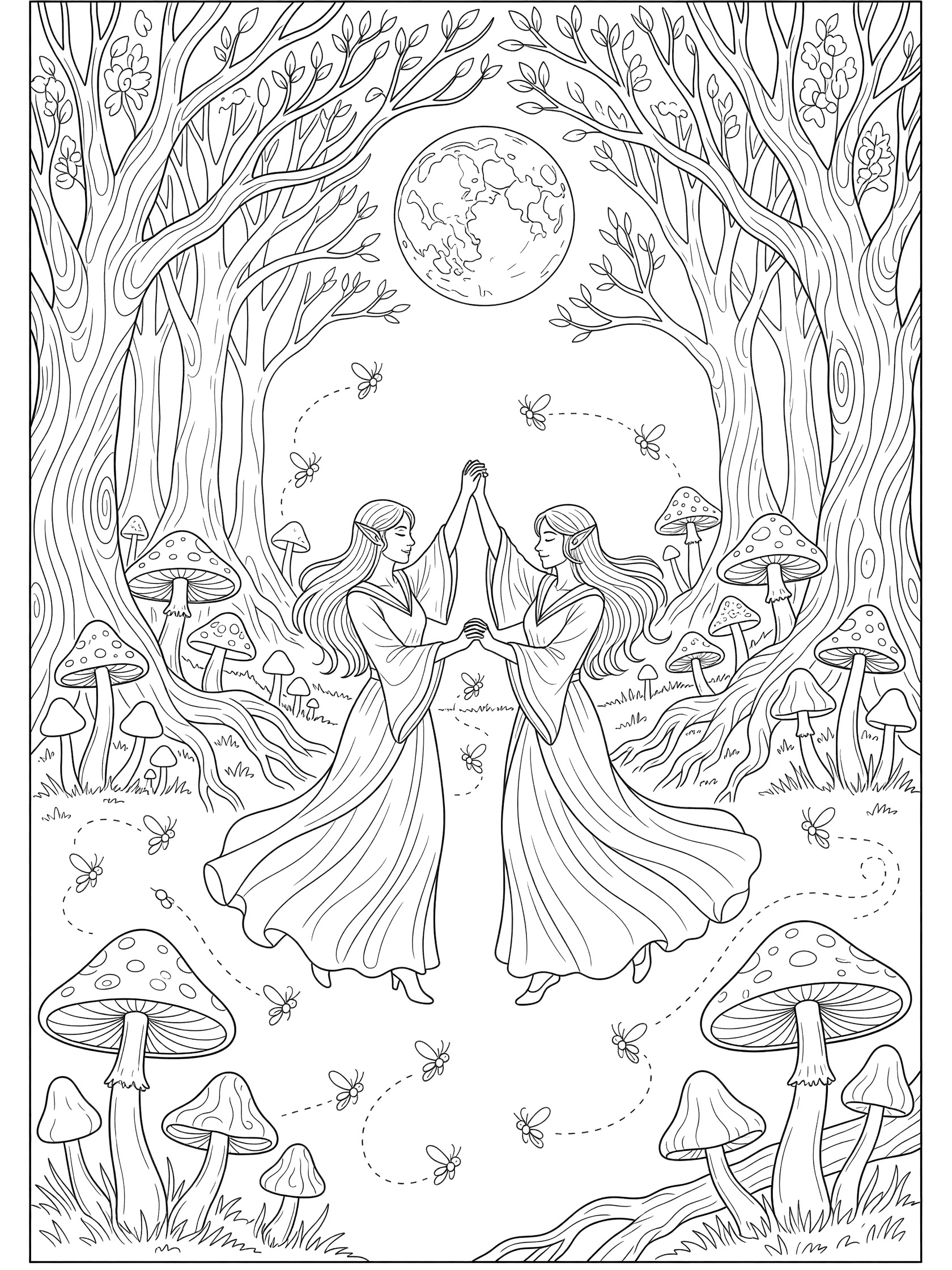 Line art coloring page showing two female elves with long hair and flowing dresses dancing hand-in-hand in an enchanted forest glade. Full moon above tall trees, mushrooms on ground, bees flying around. Wood Elves themed black and white printable line art