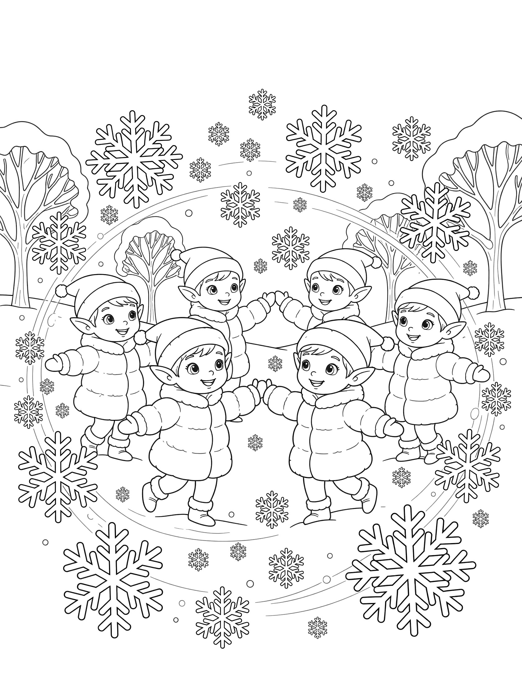 Black and white coloring page of six adorable elves with big eyes holding hands in a circle, wearing puffy jackets and hats, surrounded by large snowflakes and trees in a winter scene. Snow Elves themed black and white printable line art