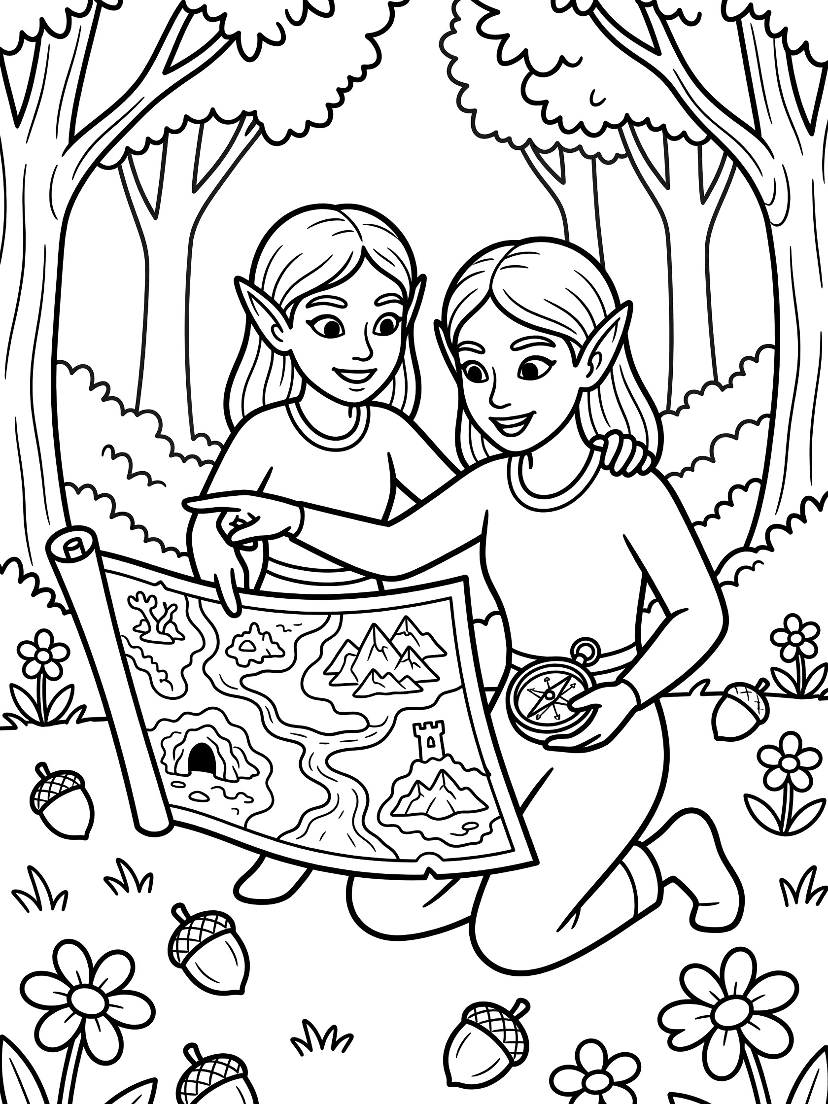 Black and white line art coloring page of two elves in a forest examining a detailed treasure map with compass, surrounded by trees, flowers, and acorns. High Elves themed black and white printable line art