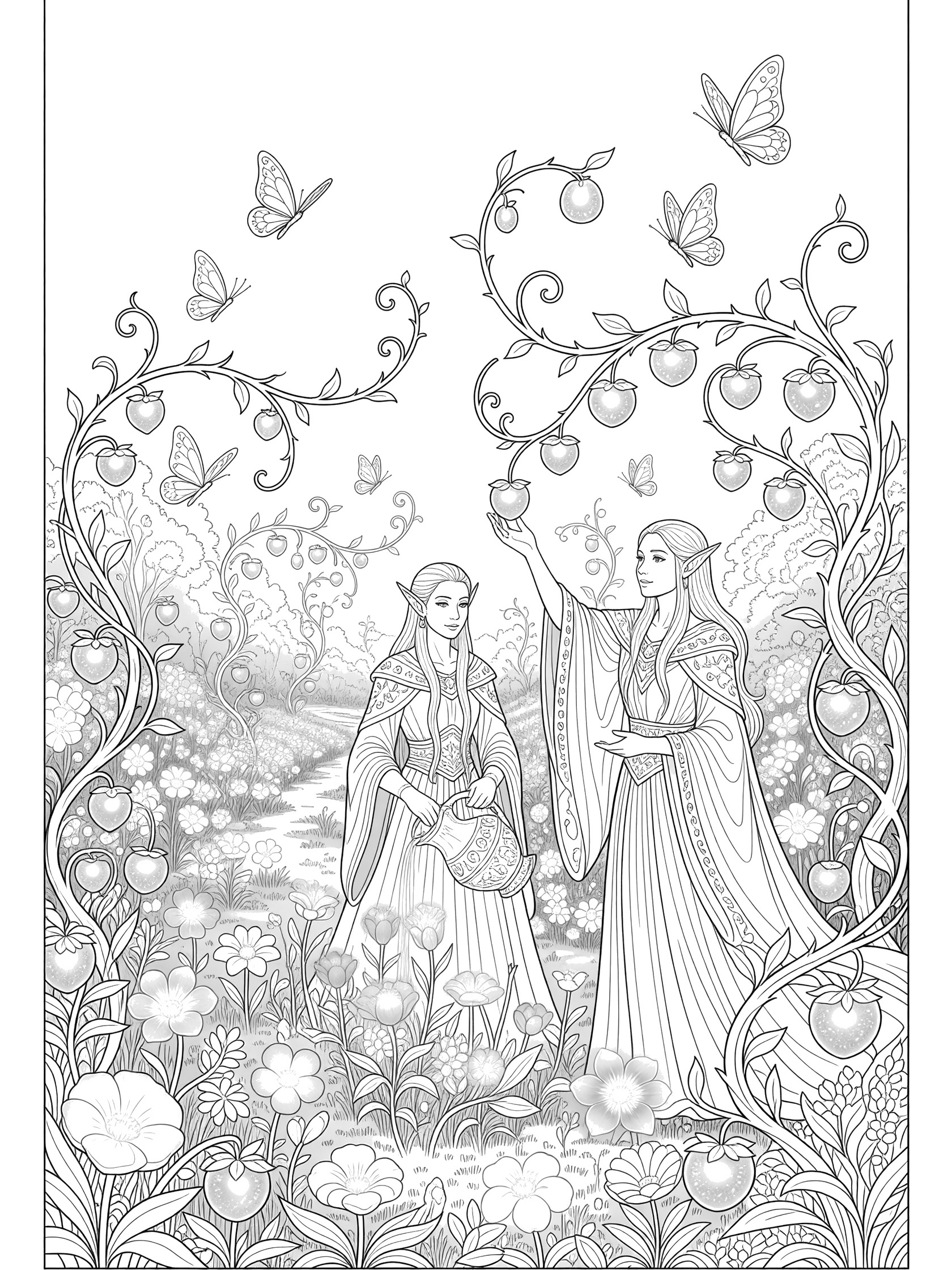 Black and white line art coloring page showing two elves in flowing dresses, one holding a basket and the other reaching for apples on vines, surrounded by flowers and butterflies in a garden. High Elves themed black and white printable line art