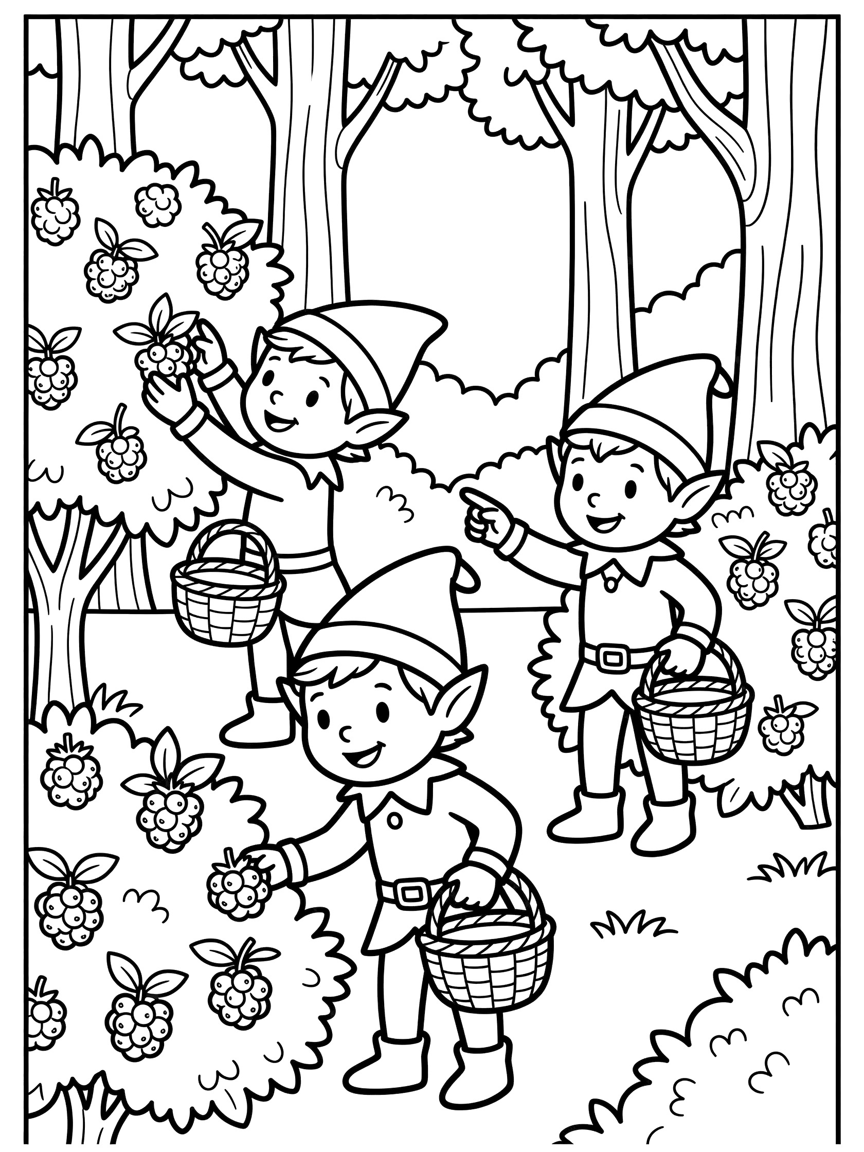 Black and white line art coloring page showing three elves with pointed hats picking raspberries from bushes, holding baskets in a forest with trees and grass.