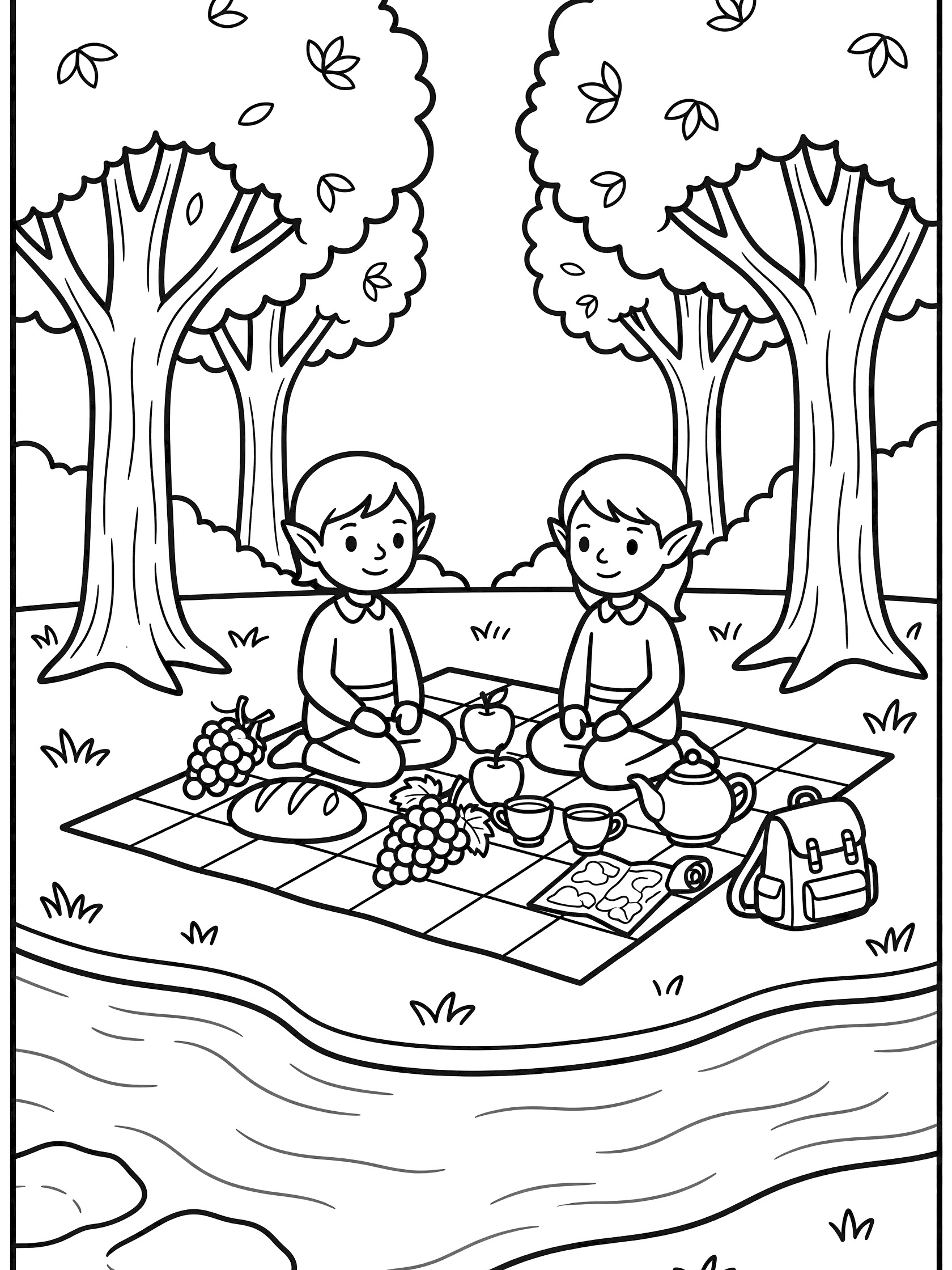 Black and white line art coloring page showing two elves on a picnic blanket with fruits, teapot, backpack, map, trees, and a stream.