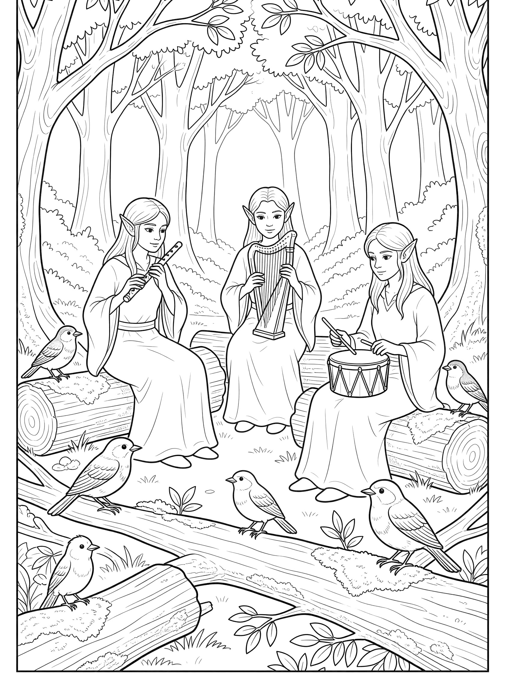 Black and white line art coloring page showing three elves in flowing robes seated on mossy logs in a shady forest, one playing flute, one harp, one drum, with birds perched nearby. High Elves themed black and white printable line art
