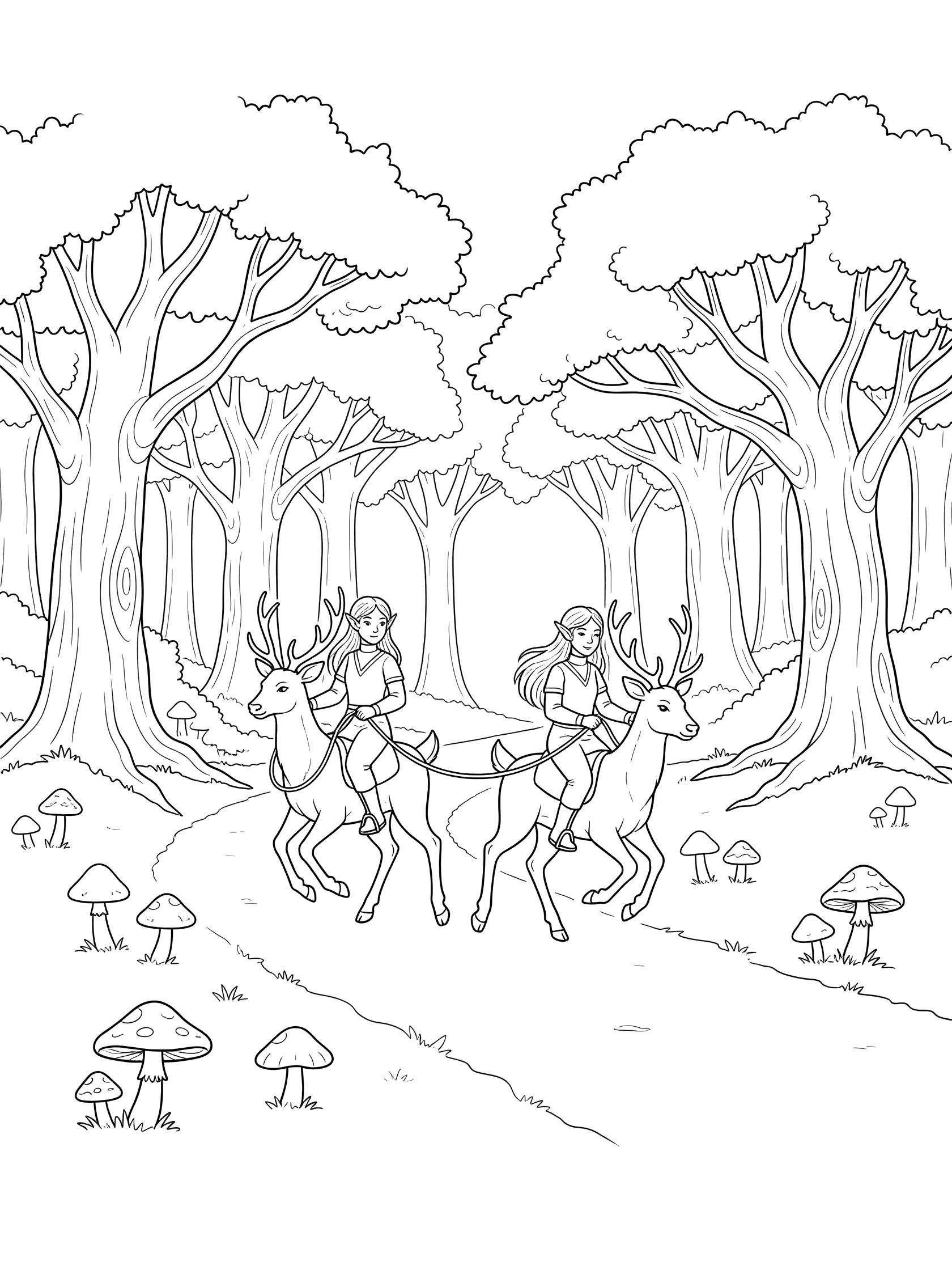 Black and white line art coloring page showing two elves with long hair riding leaping deer along a woodland path lined with tall trees and mushrooms. High Elves themed black and white printable line art