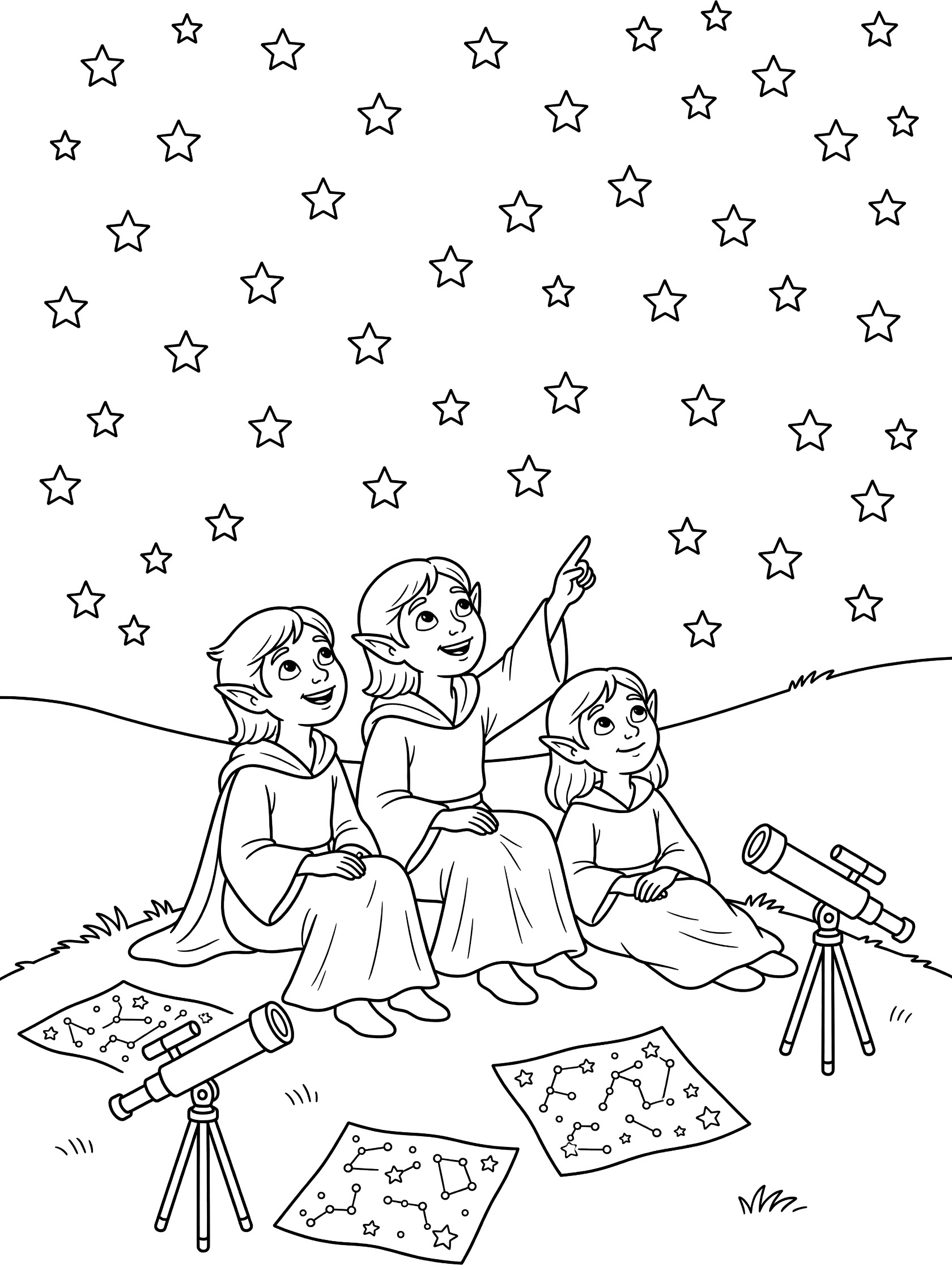 Black and white line art coloring page showing three pointy-eared elves in robes on grass, pointing at stars, with two telescopes and star maps on the ground under a sky full of stars. Astral Elves themed black and white printable line art