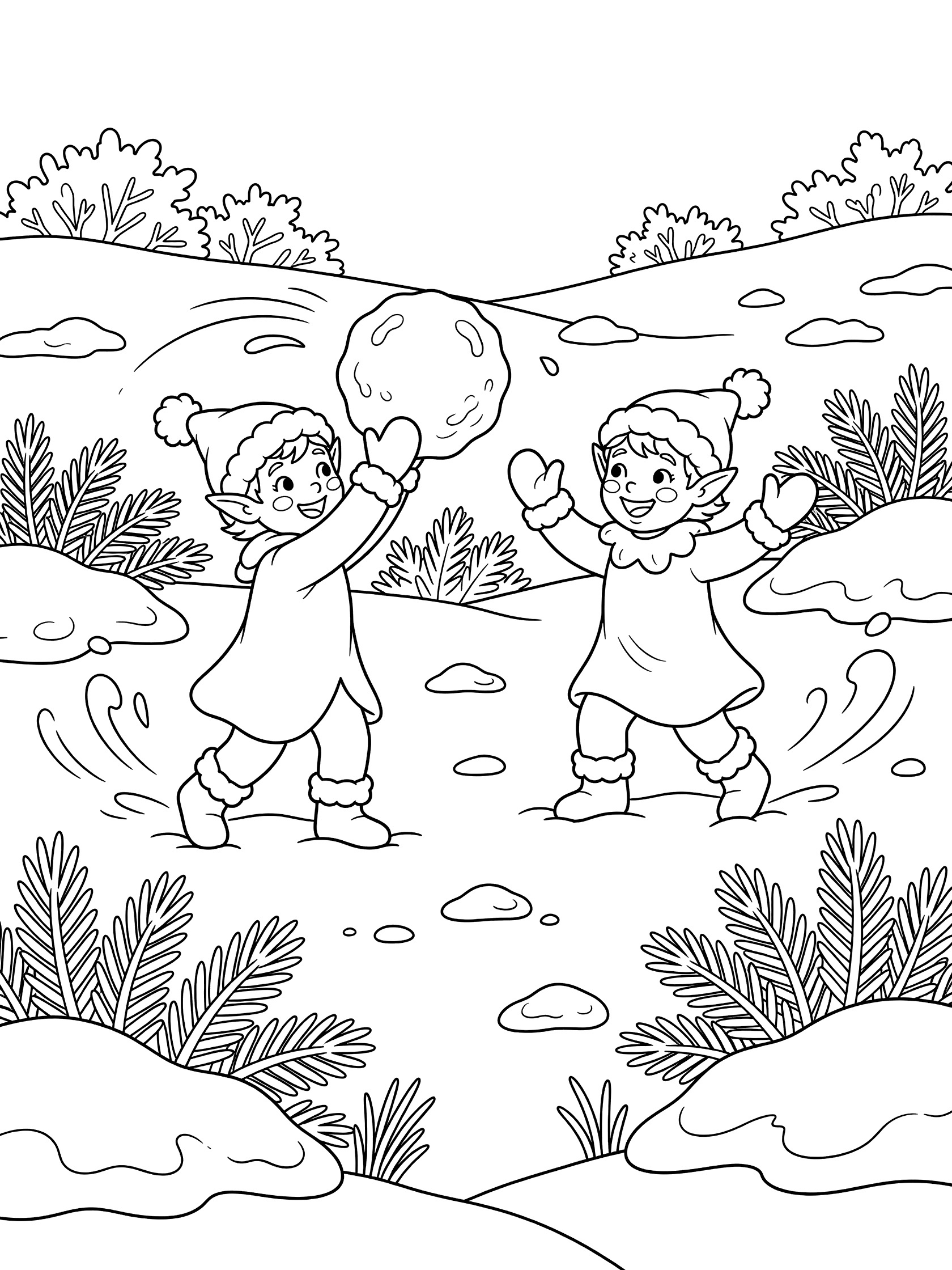 Black and white line art coloring page showing two smiling elves in dresses and hats throwing big snowballs at each other in a snow-covered area with evergreen bushes. Snow Elves themed black and white printable line art