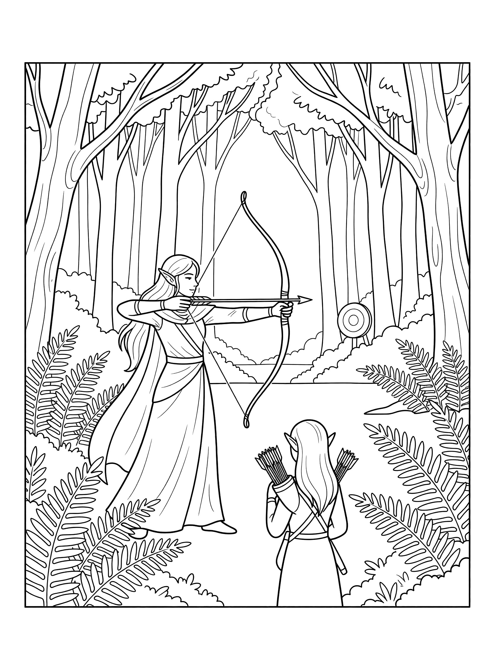Black and white coloring page of two elves in a forest, one drawing a bow with arrow aimed at target, the other holding arrows nearby, surrounded by trees and ferns. High Elves themed black and white printable line art