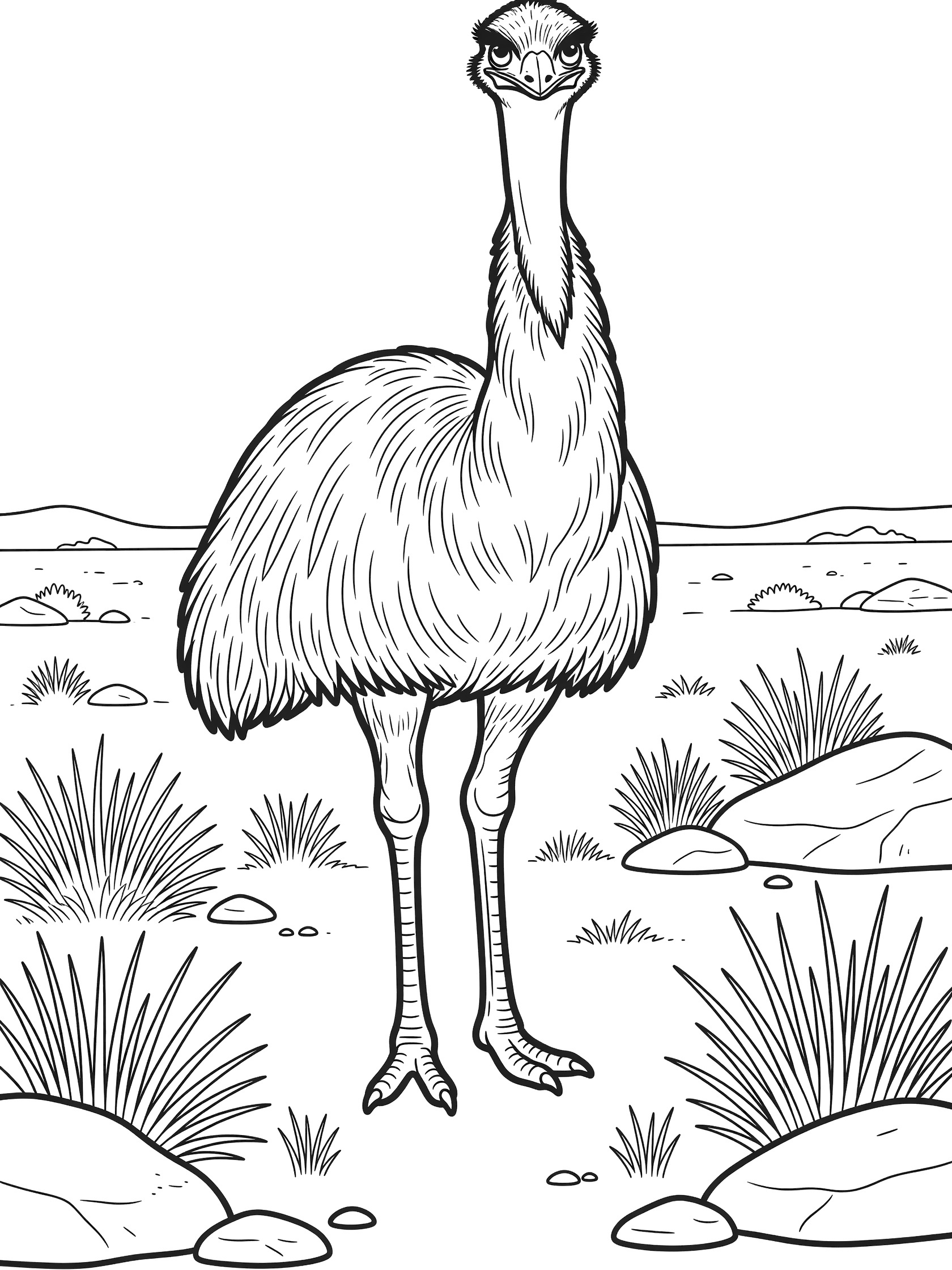 Black and white line art coloring page of a tall emu bird with fluffy feathers, long neck, and feet, standing among spinifex grass and rocks on white background.