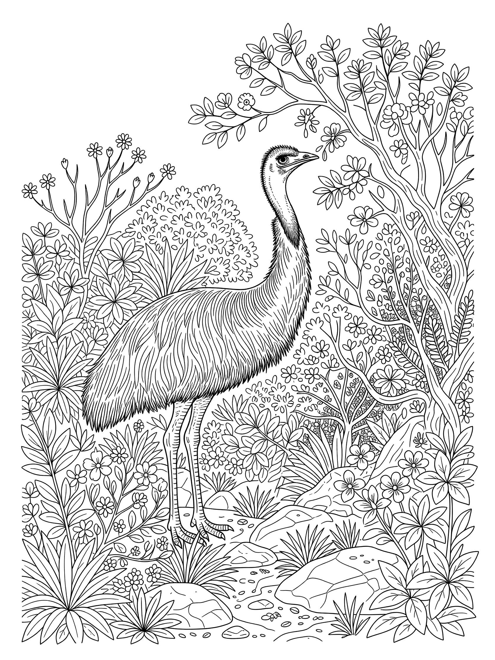 Black and white line art coloring page showing a large emu bird with detailed feathers pecking near bushy plants, varied leaves, small flowers, and scattered rocks.