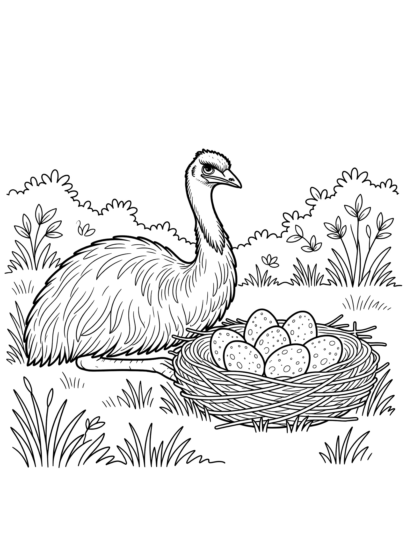 Black and white line art coloring page showing a large emu bird next to a nest full of big speckled eggs surrounded by grass and bushes.