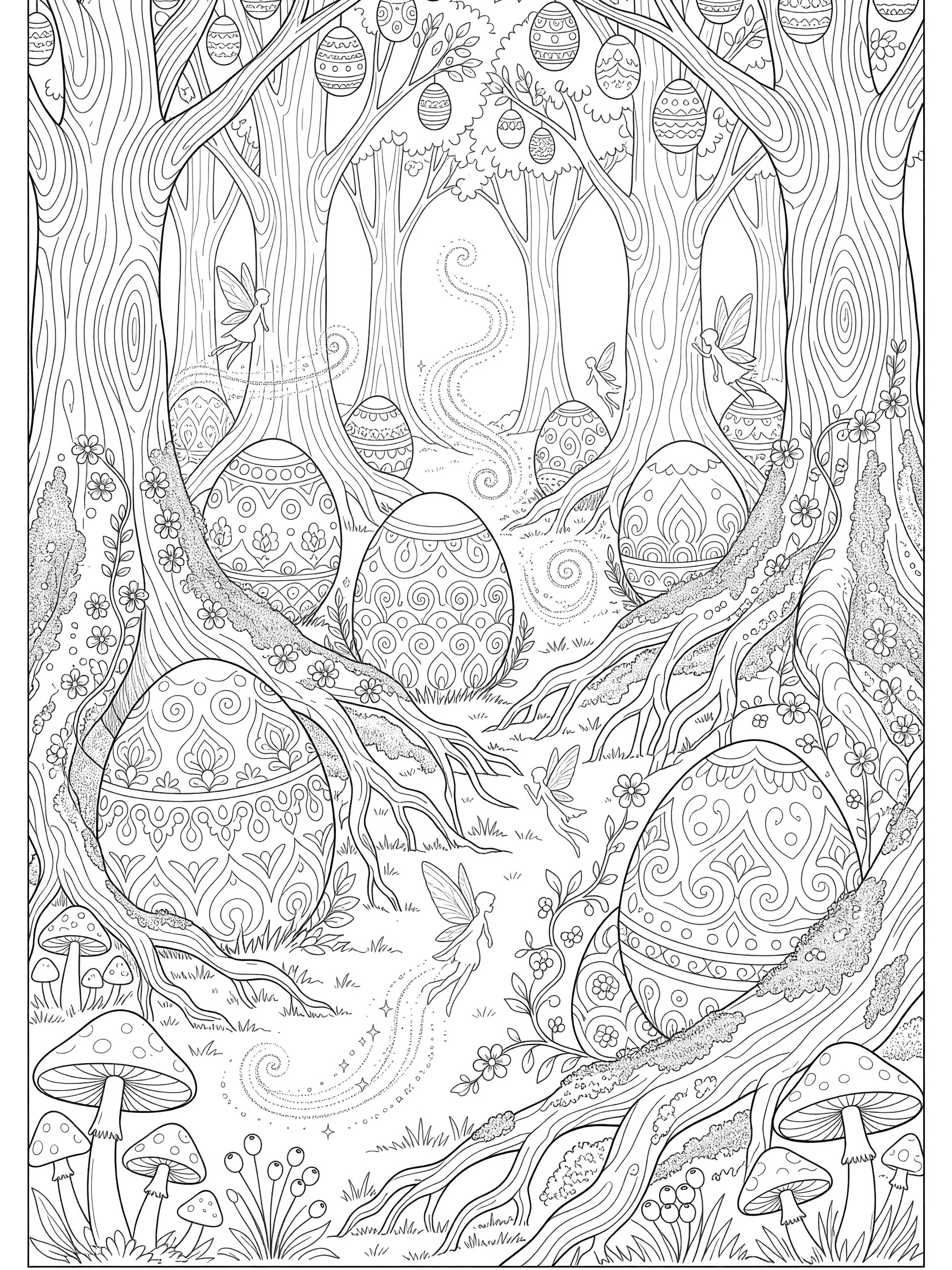 Black and white coloring page of an enchanted Easter forest with detailed Easter eggs hanging from trees, nestled in roots, surrounded by mushrooms, vines, and fairy dust swirls.