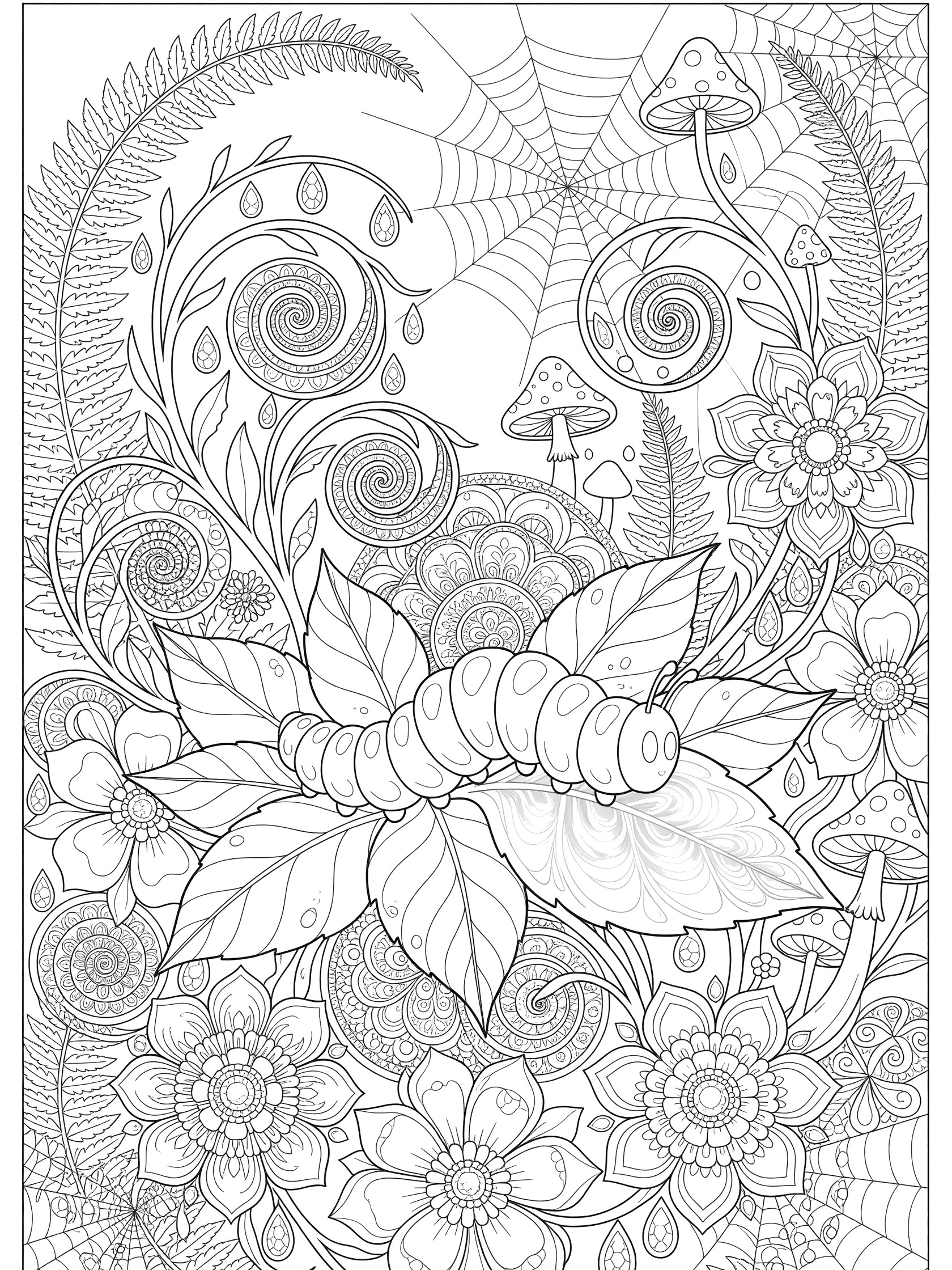 Detailed line art coloring page showing a segmented caterpillar crawling on large leaves in a symmetrical enchanted garden with ferns, toadstools, dewdrops, and intricate patterns.