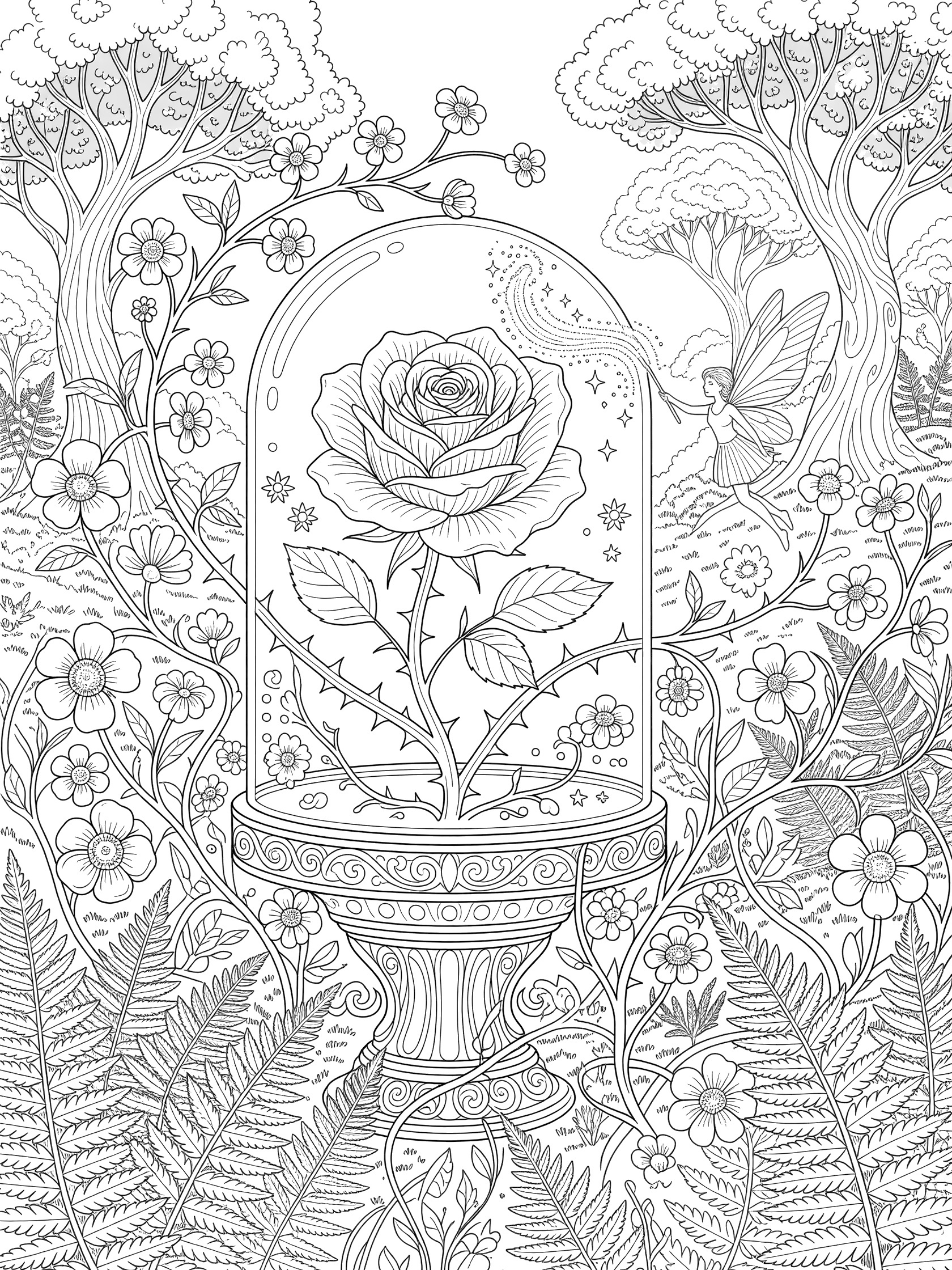 Black and white line art coloring page showing an enchanted rose in a glass dome on a pedestal. A fairy hovers nearby with wand and sparkles, in a garden with ferns, vines, flowers, and trees.
