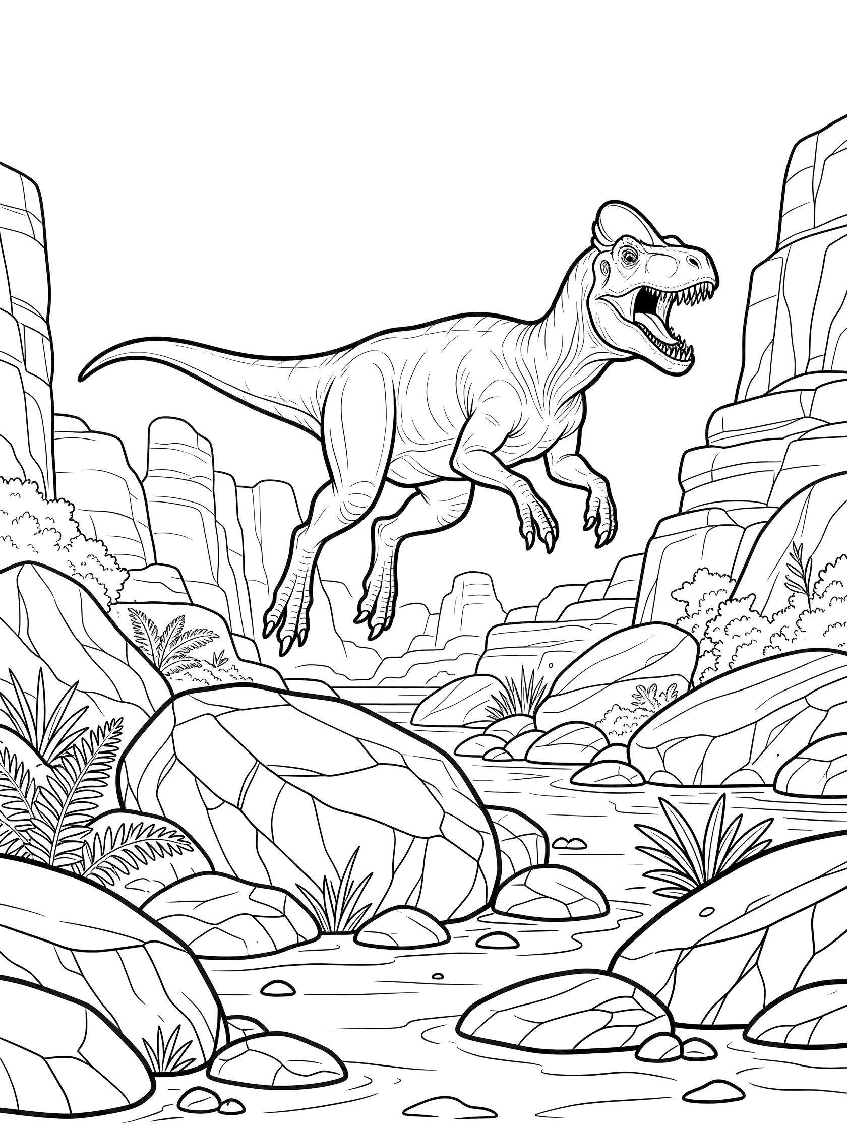 Line art coloring page showing a Monolophosaurus with a single head crest leaping dynamically over large rocks in a riverbed scene with ferns and distant cliffs.
