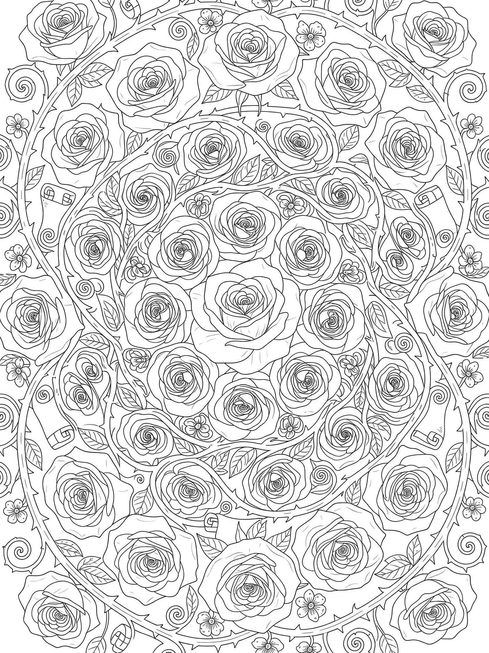 Black and white line art of a symmetrical Rose Mandala with layered roses, curling petals, thorny vines, and floral details in a circular pattern.
