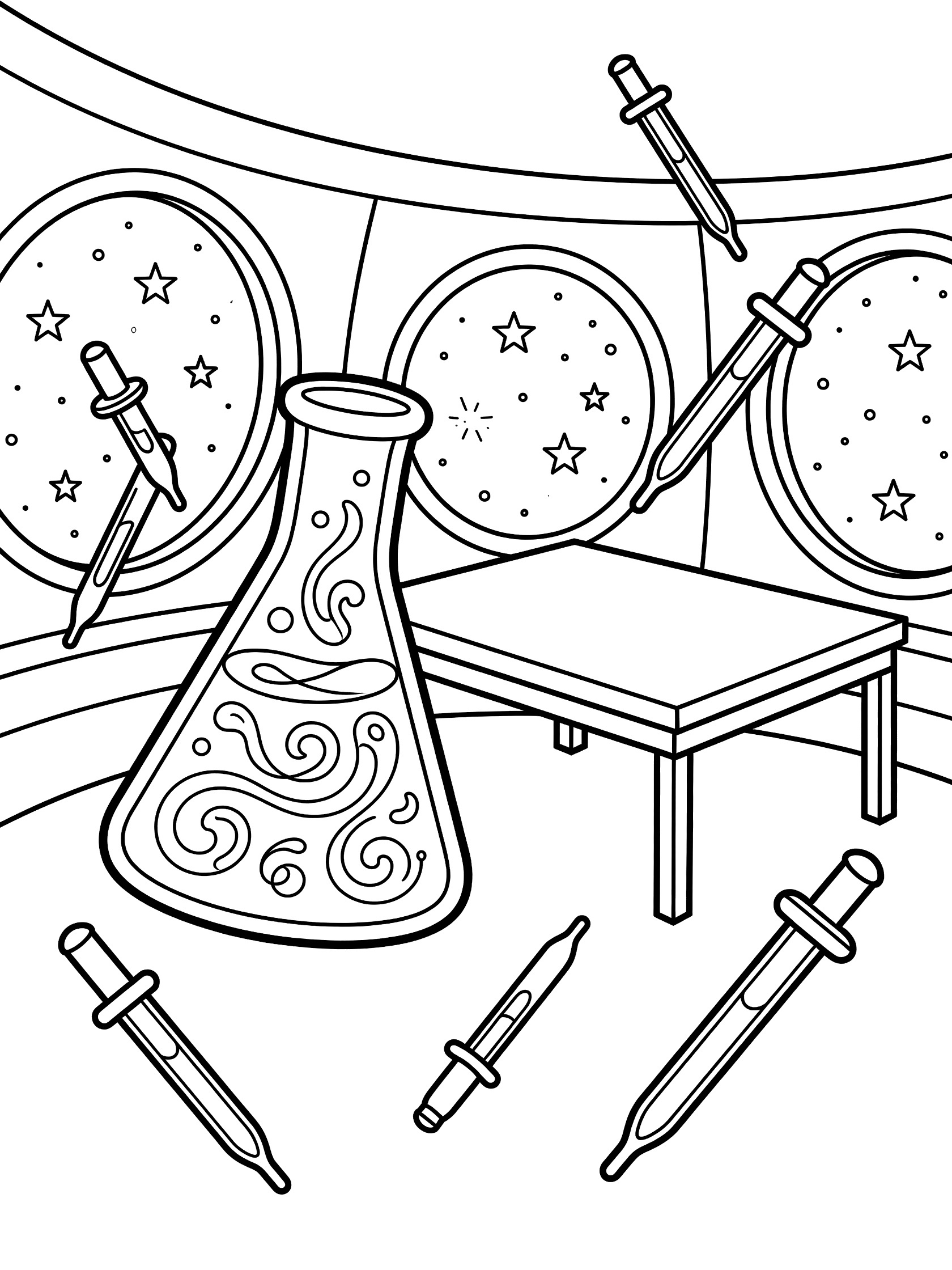 Black-and-white coloring page showing an Erlenmeyer flask with stopper and swirling mixture on a zero-gravity orbital research table, with floating pipettes and starfield windows in a sci-fi lab.