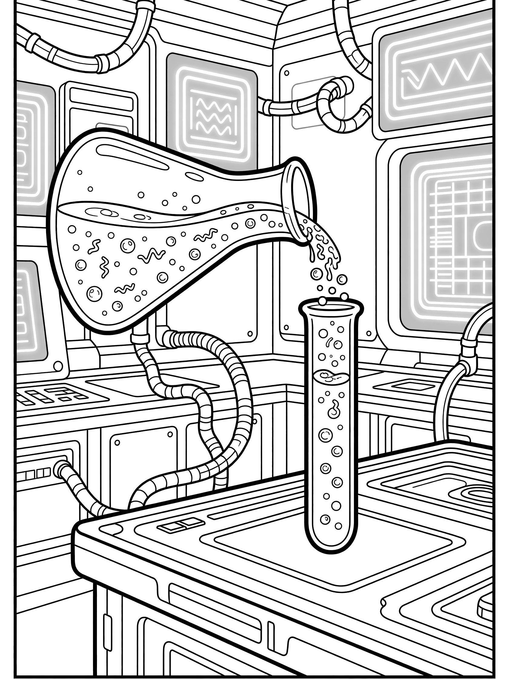 Black and white line art of Erlenmeyer flask tilted pouring bubbly liquid into tall test tube in sci-fi space lab with glowing panels and tubes.