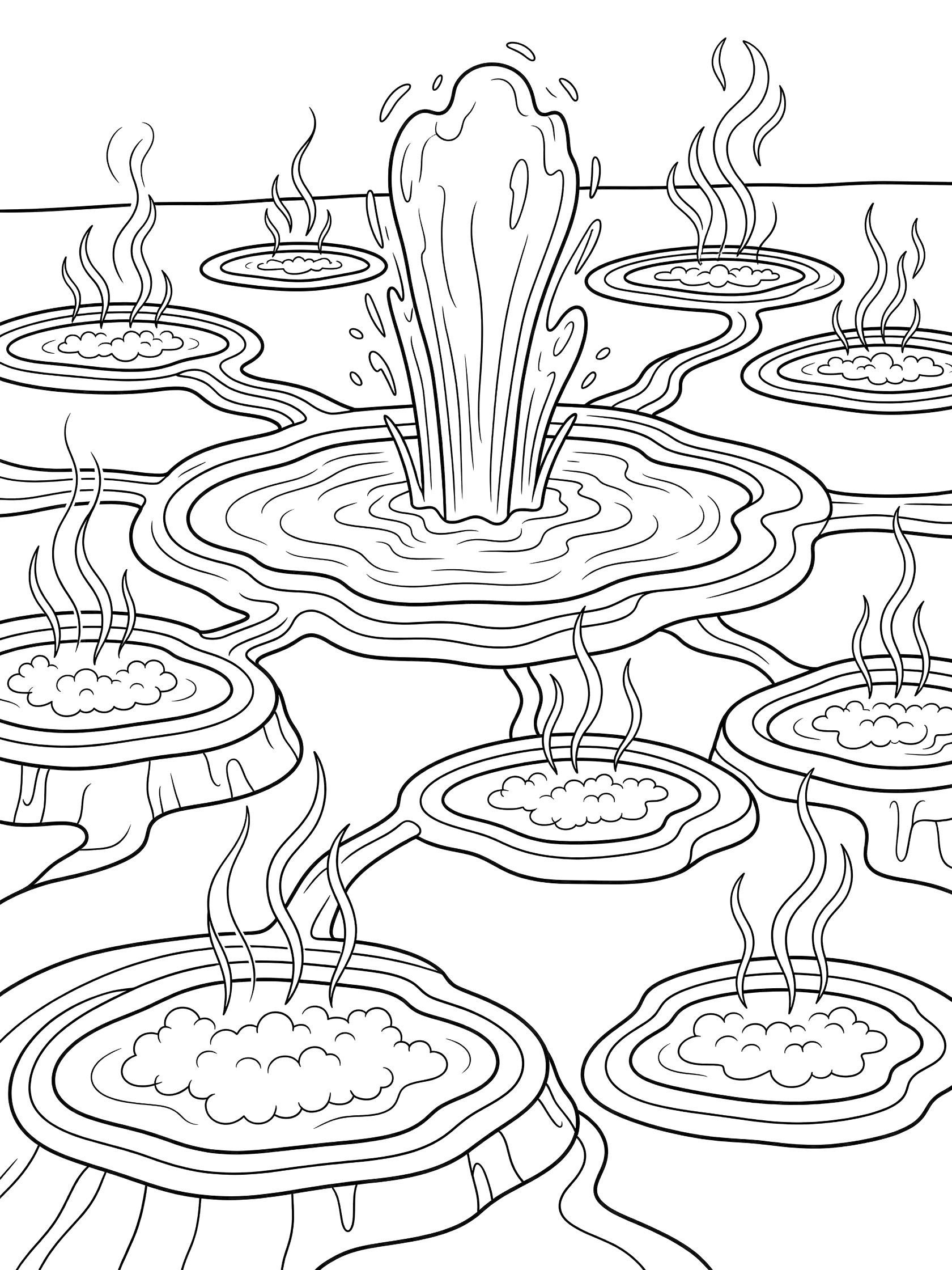 Black and white line art coloring page showing a central erupting geyser spraying water high, surrounded by multiple bubbling hot spring pools with steam rising from vents.