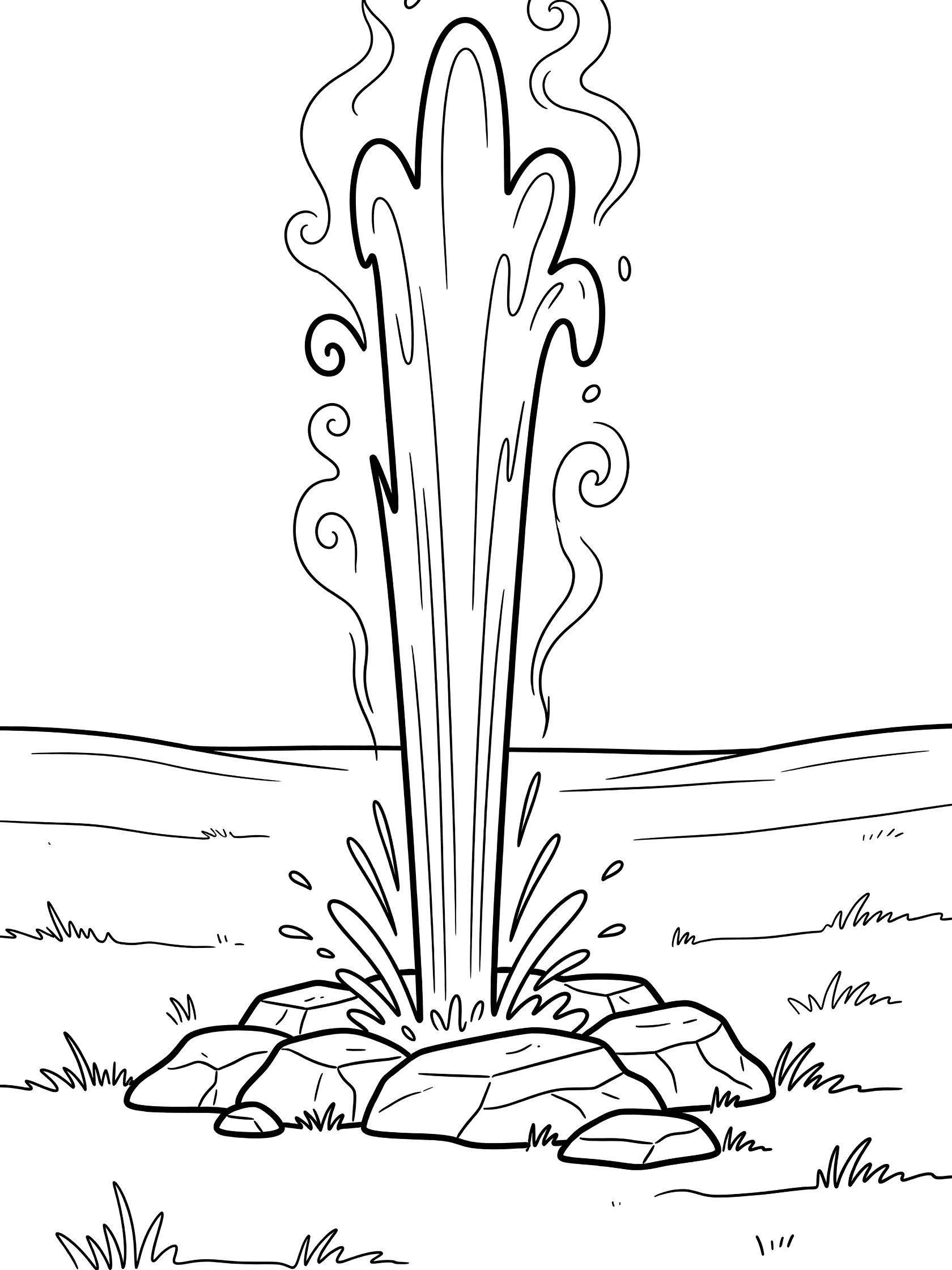 Black and white line art coloring page showing a geyser spraying a tall plume of water and steam from a rocky base in an open grassy field.