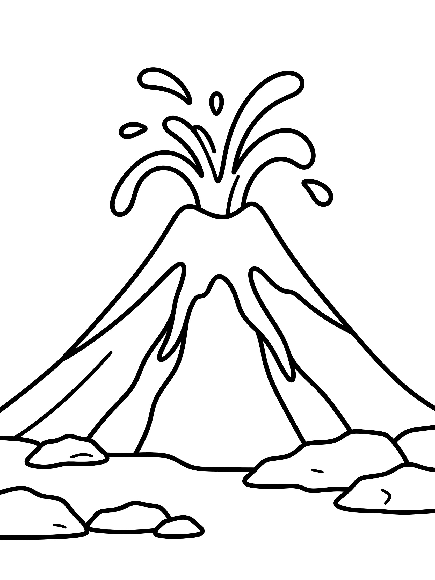 Black and white line art coloring page showing a simple volcano erupting with lava spraying from the top, rocky ground below, thick outlines for easy coloring.