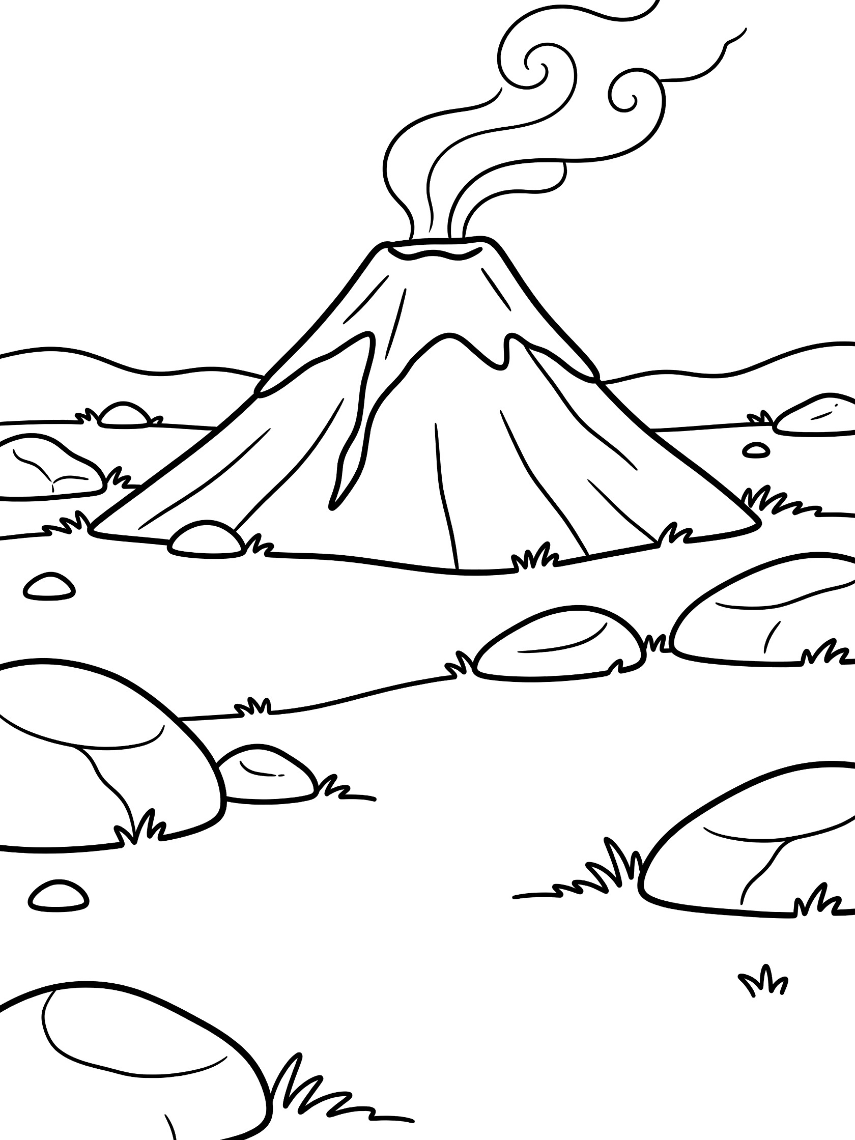 Black and white line art coloring page showing a volcano with smoke rising from the top, surrounded by grassy areas and large boulders.