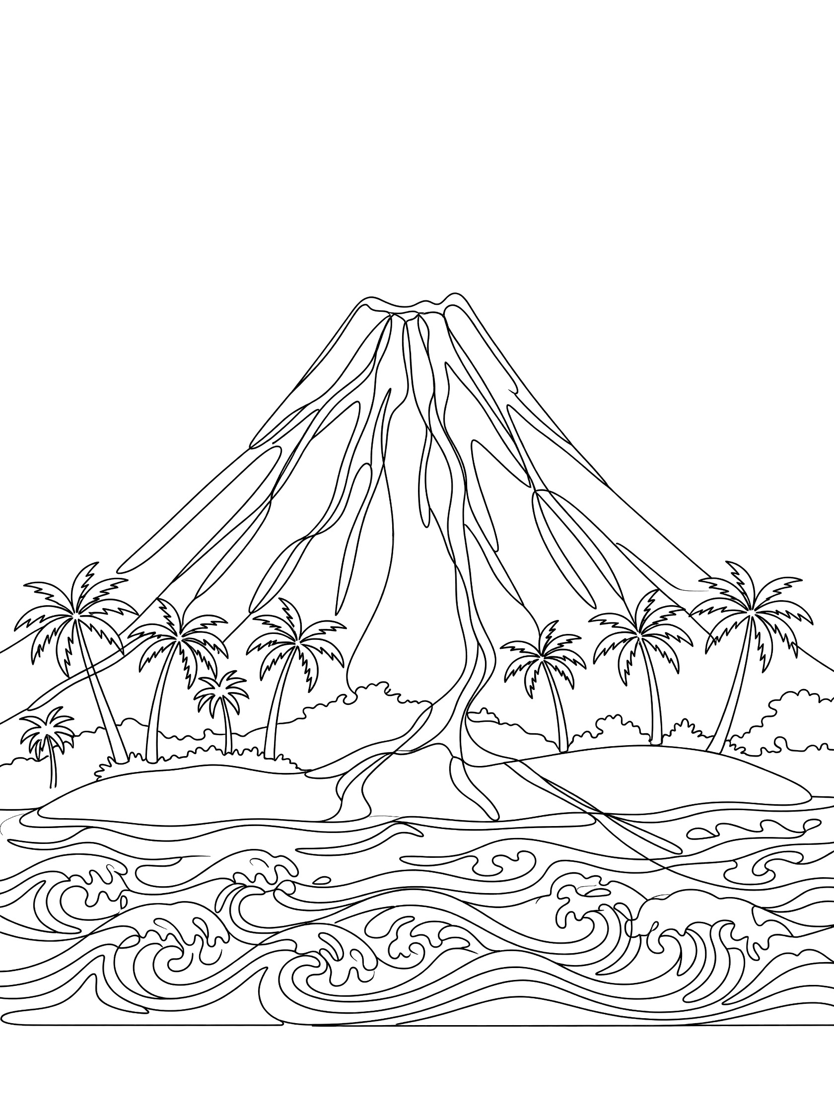 Black and white line art coloring page showing a volcano erupting lava on an island with palm trees, land, and wavy ocean waves.