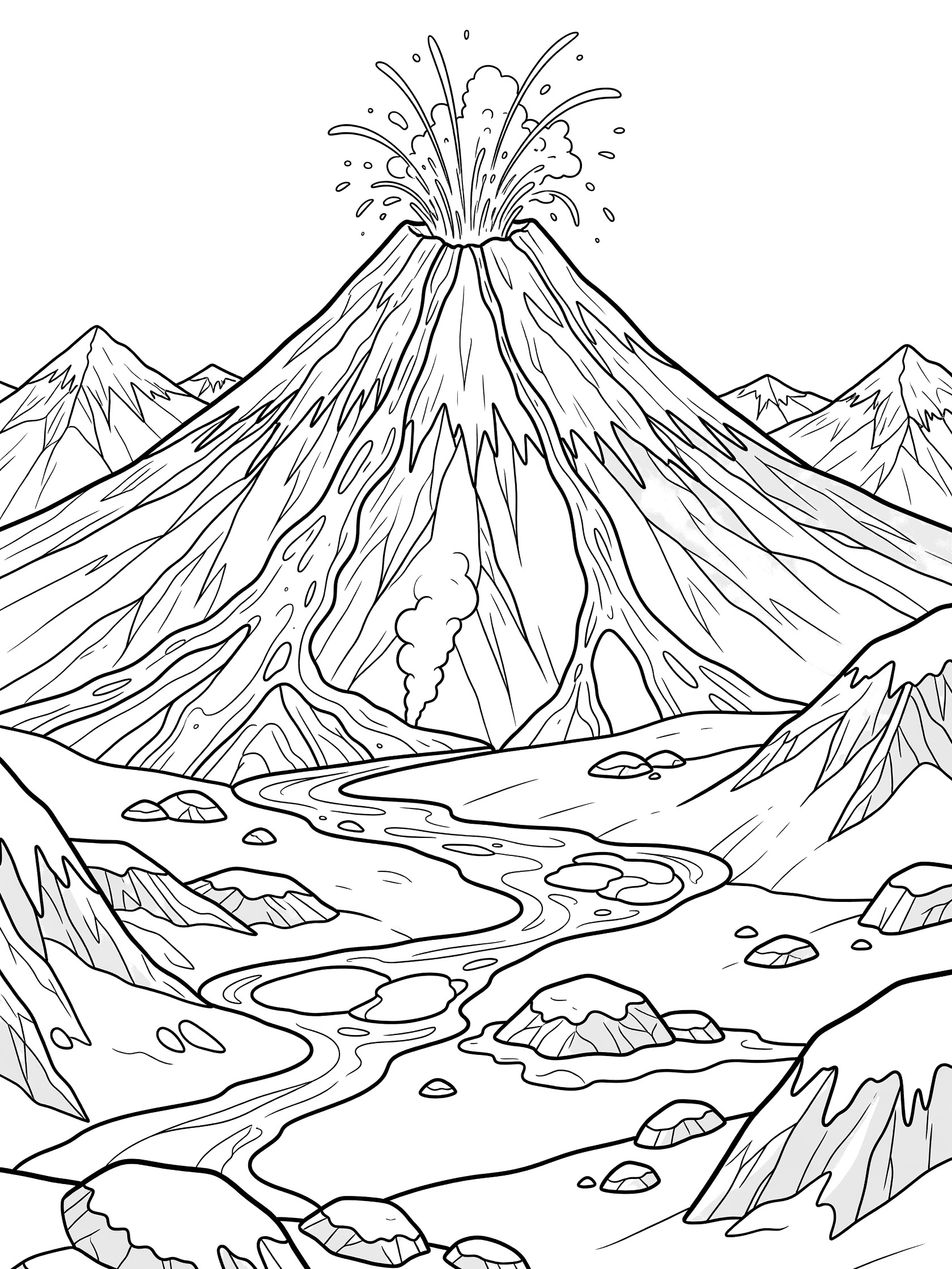 Black and white line art coloring page showing a tall volcano erupting with lava splashes, surrounded by pointy mountains, scattered rocks, and a curvy stream in a rocky valley.