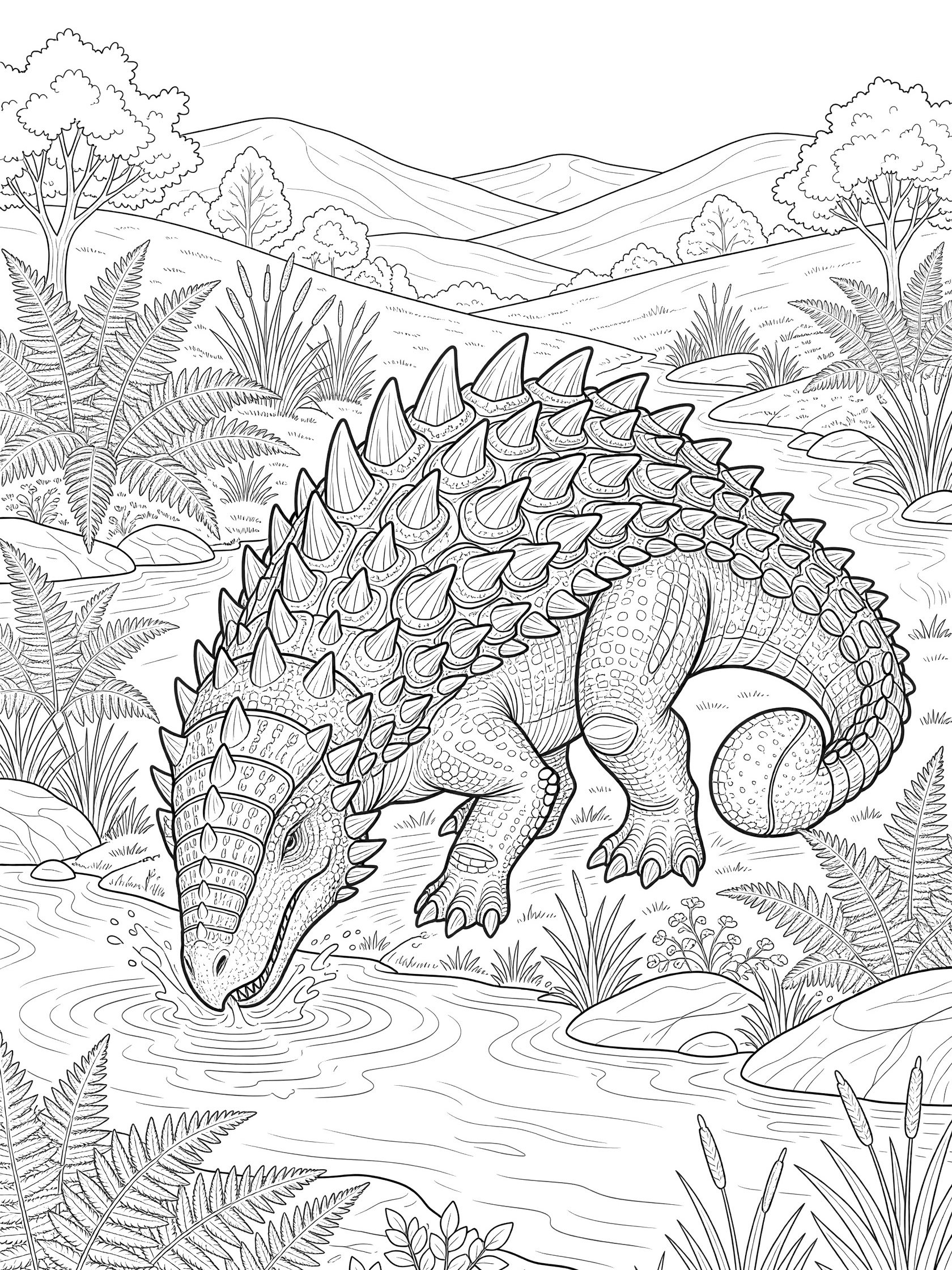 Line art coloring page showing an Euoplocephalus dinosaur with bony plates and clubbed tail drinking from a river surrounded by ferns, reeds, rocks, trees and hills