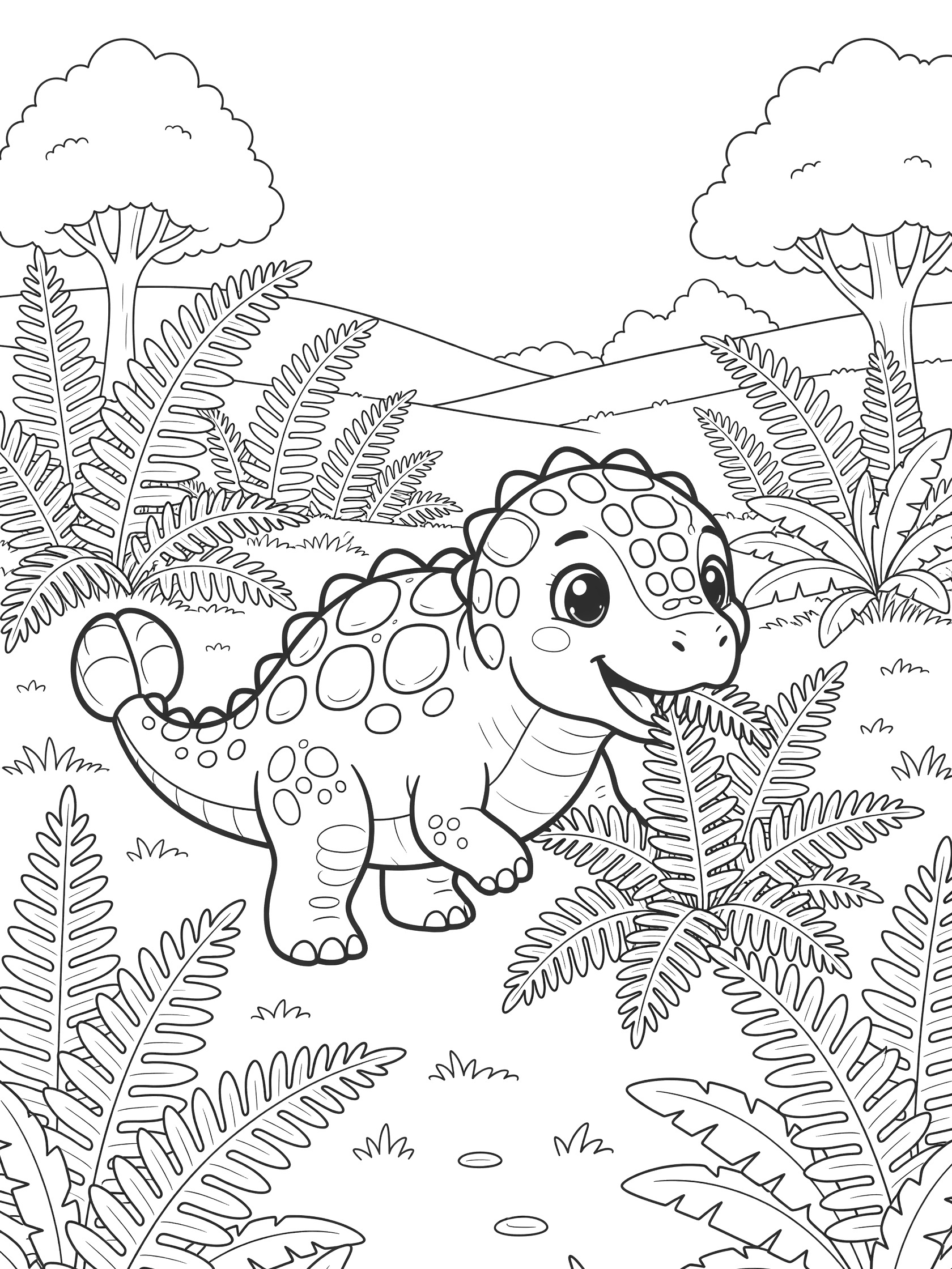 Cute cartoon Euoplocephalus dinosaur happily munching large fern fronds in a lush meadow with tall ferns, rounded trees, and distant hills. Bold line art for easy coloring.