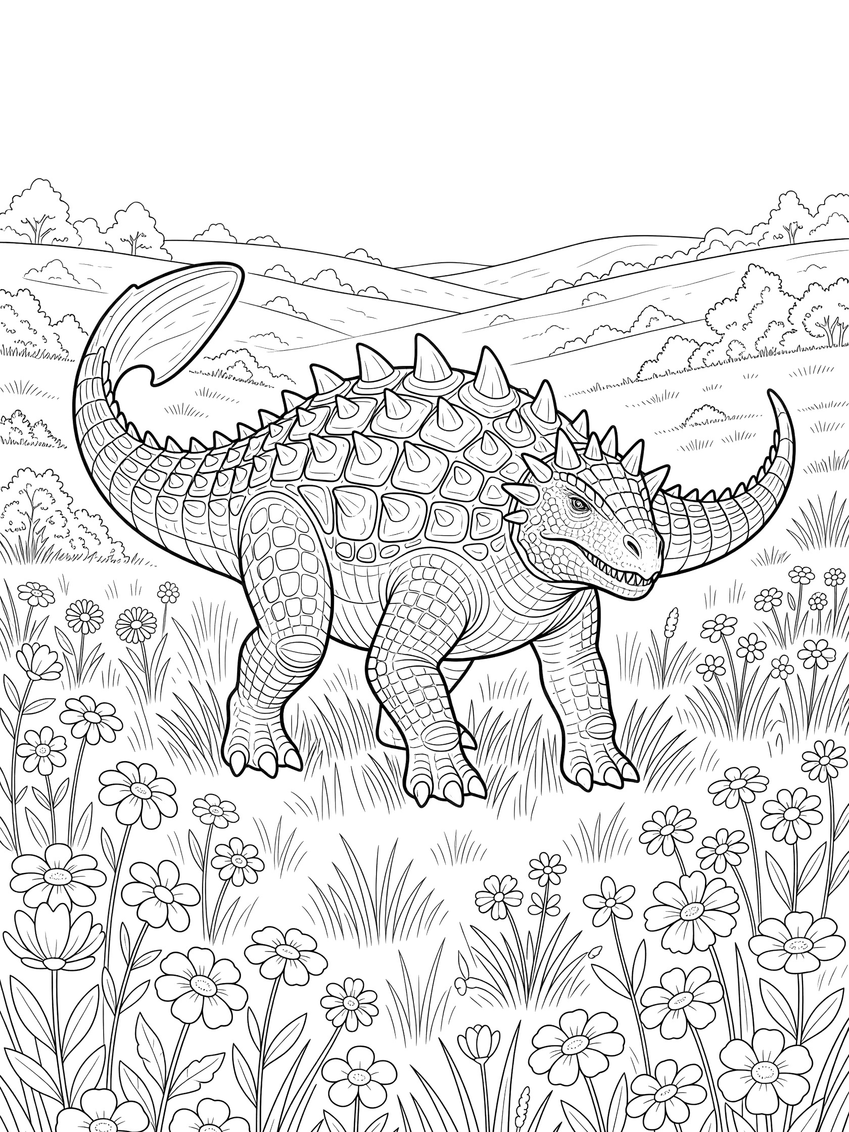 Black and white line art of Euoplocephalus dinosaur with armored plates, spikes, and clubbed tail walking in a meadow surrounded by flowers and grasses, with hills in the background.