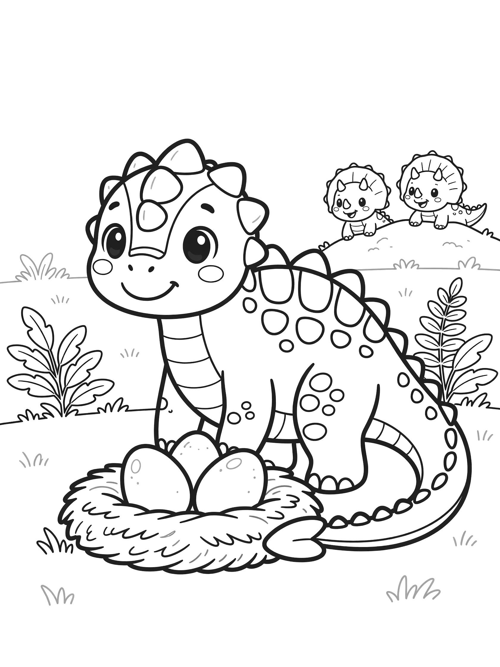 Black and white coloring page of a kawaii Euoplocephalus dinosaur with big eyes protecting a nest of three eggs, tail curled around, ferns, and two baby Triceratops peeking in a meadow.
