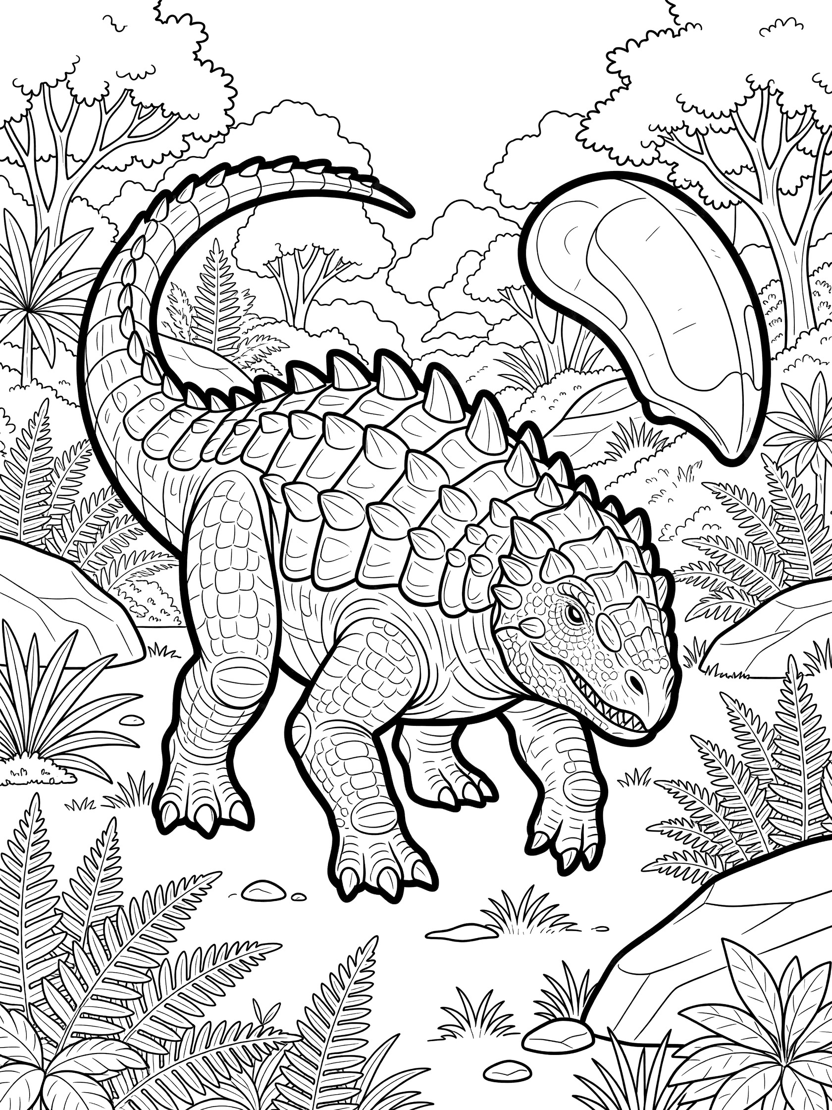 Line art coloring page showing Euoplocephalus dinosaur on all fours, swinging its spiked club tail amid ferns, rocks, and trees in a valley.